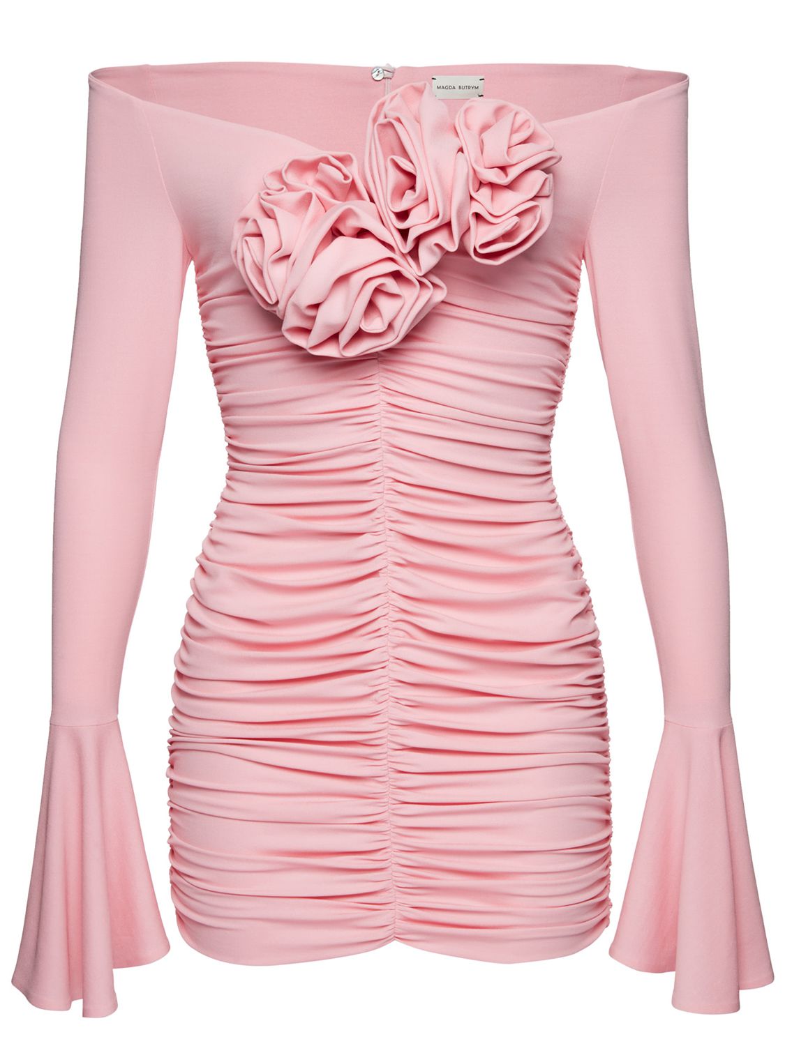 Magda Butrym Pink Ruched Mini-dress With Floral Application In Viscose ...