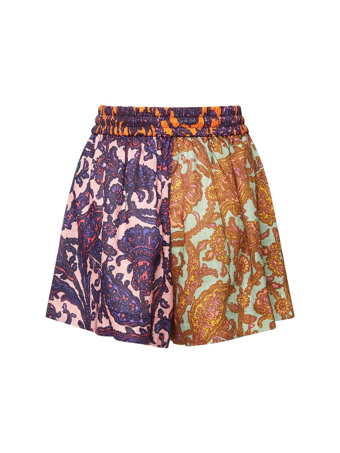 Shop Zimmermann Tiggy Spliced Printed Linen Shorts In Multicolor