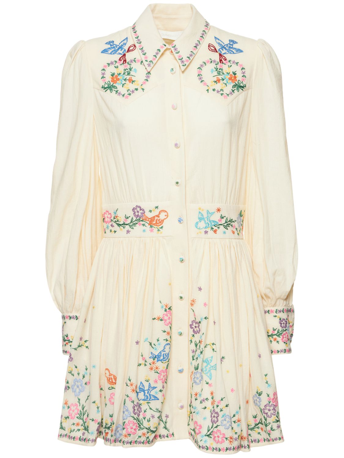 Zimmermann Clover Floral-embroidered Mini Shirtdress In Ivory,multi