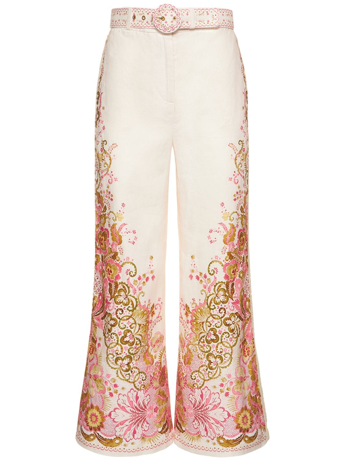 Zimmermann Laurel Cropped Flared Linen Pants In White,multi | ModeSens