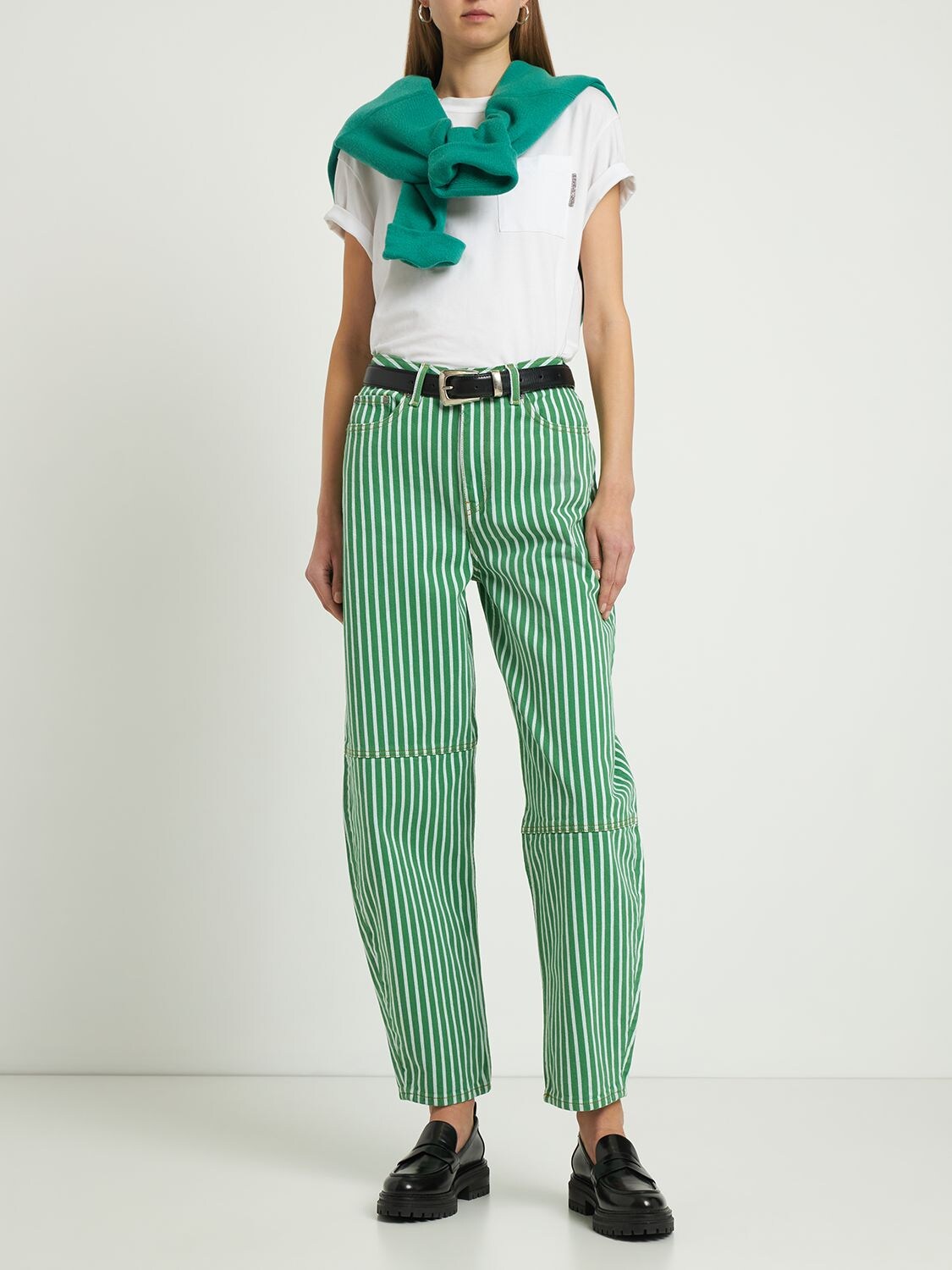 GANNI Striped Balloon Cotton Denim Jeans