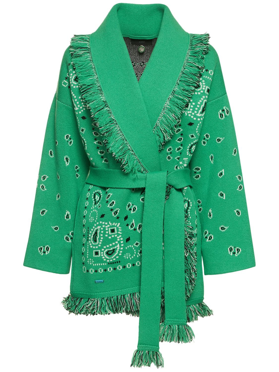 Alanui Jacquard Bandana Fringe Belted Cardigan In Green,multi