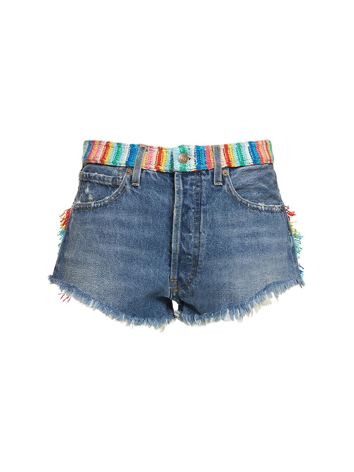 Shop Alanui Over The Rainbow Cotton Denim Shorts In Multicolor