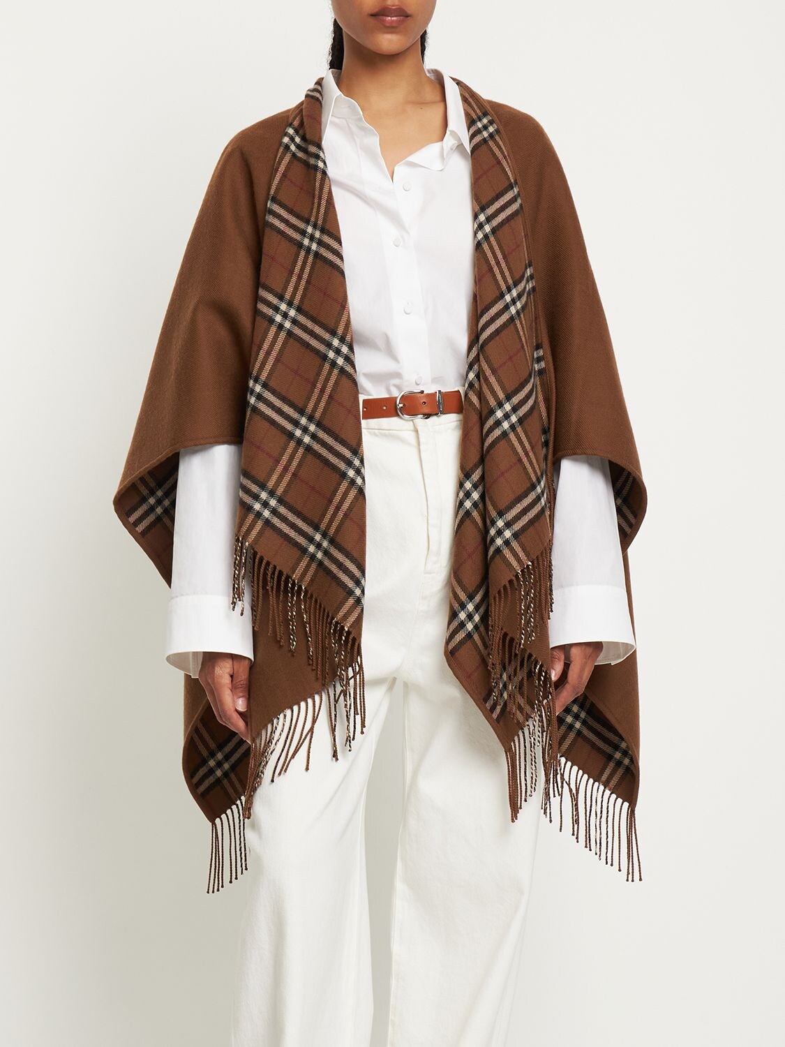 Shop Burberry Reversible Check Wool Cape In Darkbirchbrown