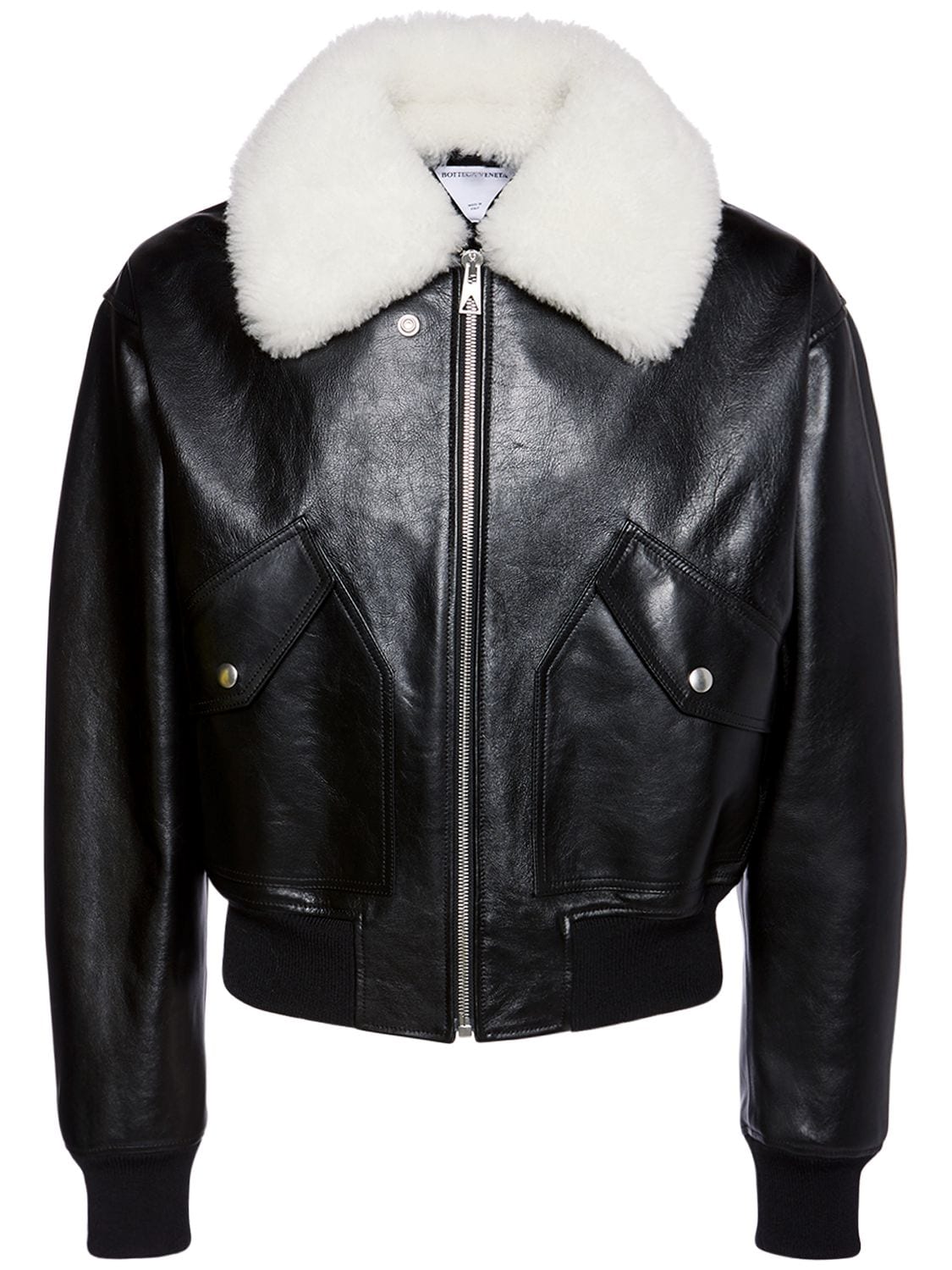 Image of Shearling Collar Leather Jacket