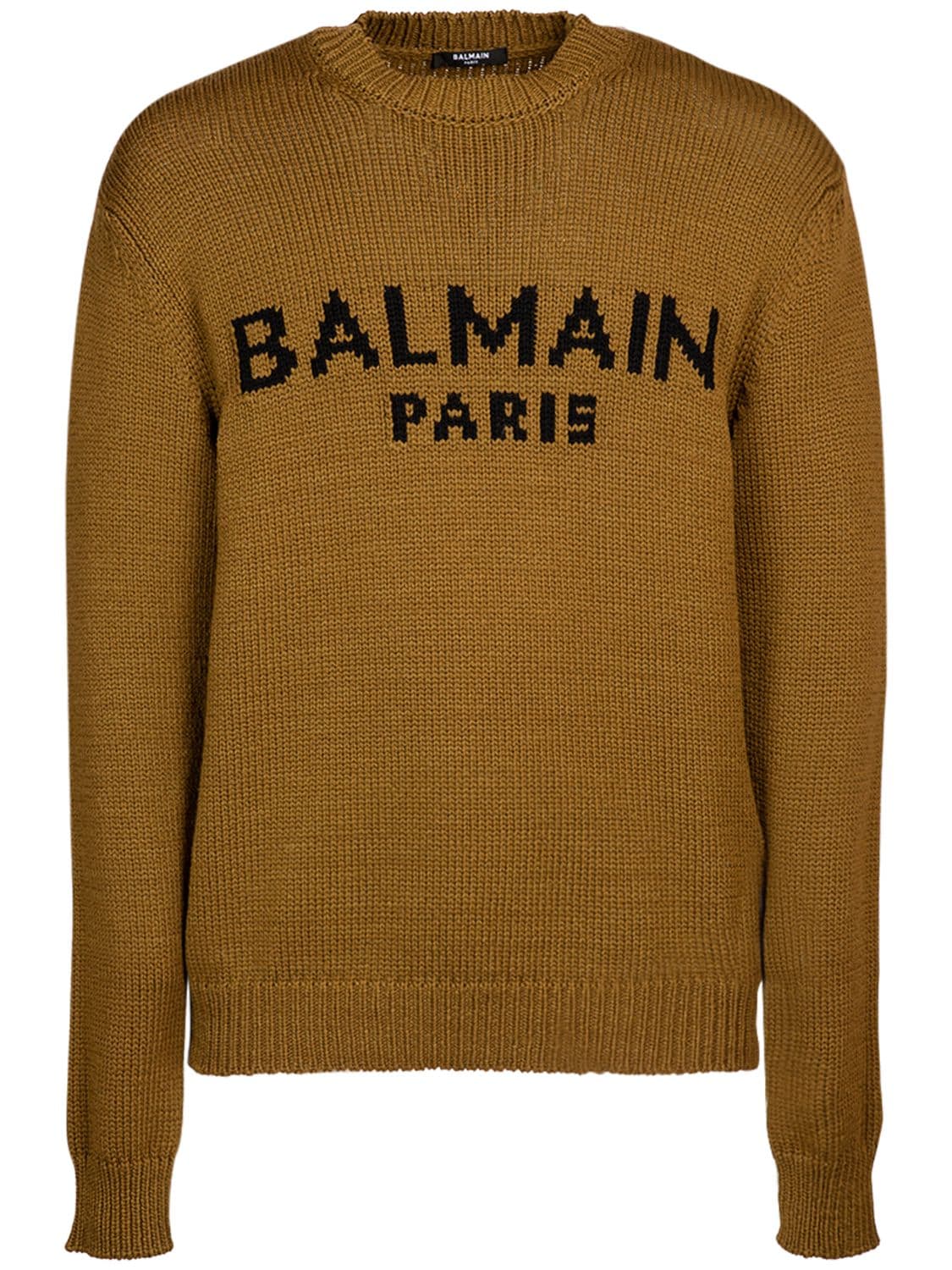 Balmain Logo Crewneck Sweater In Kaki Noir