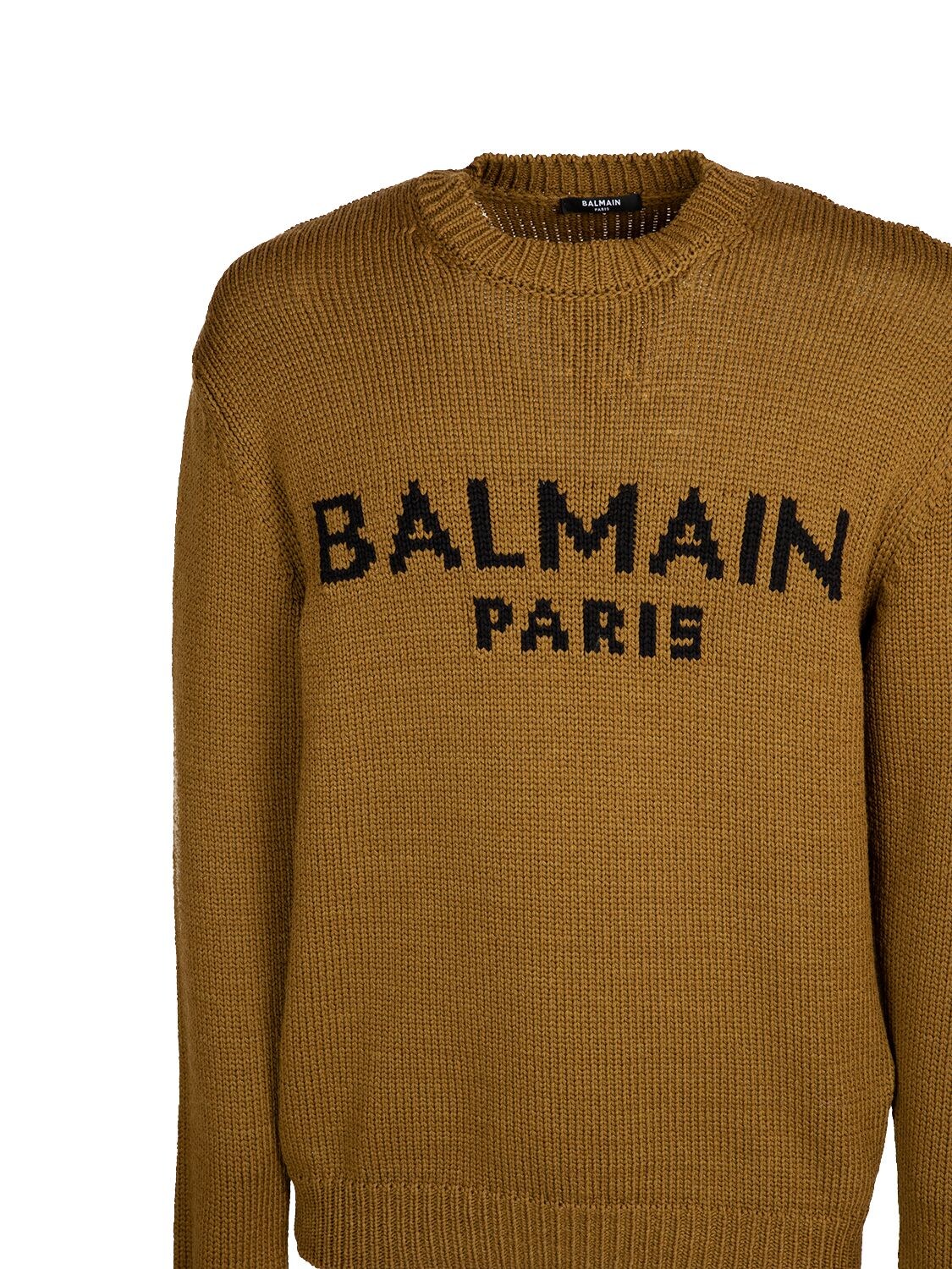 Shop Balmain Logo Crewneck Sweater In Khaki,black