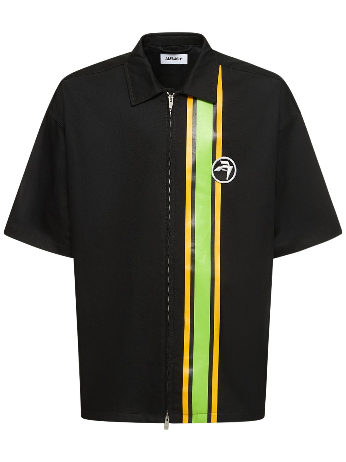 Ambush Logo Zipped Oversize Cotton S/s Shirt In Black,yellow