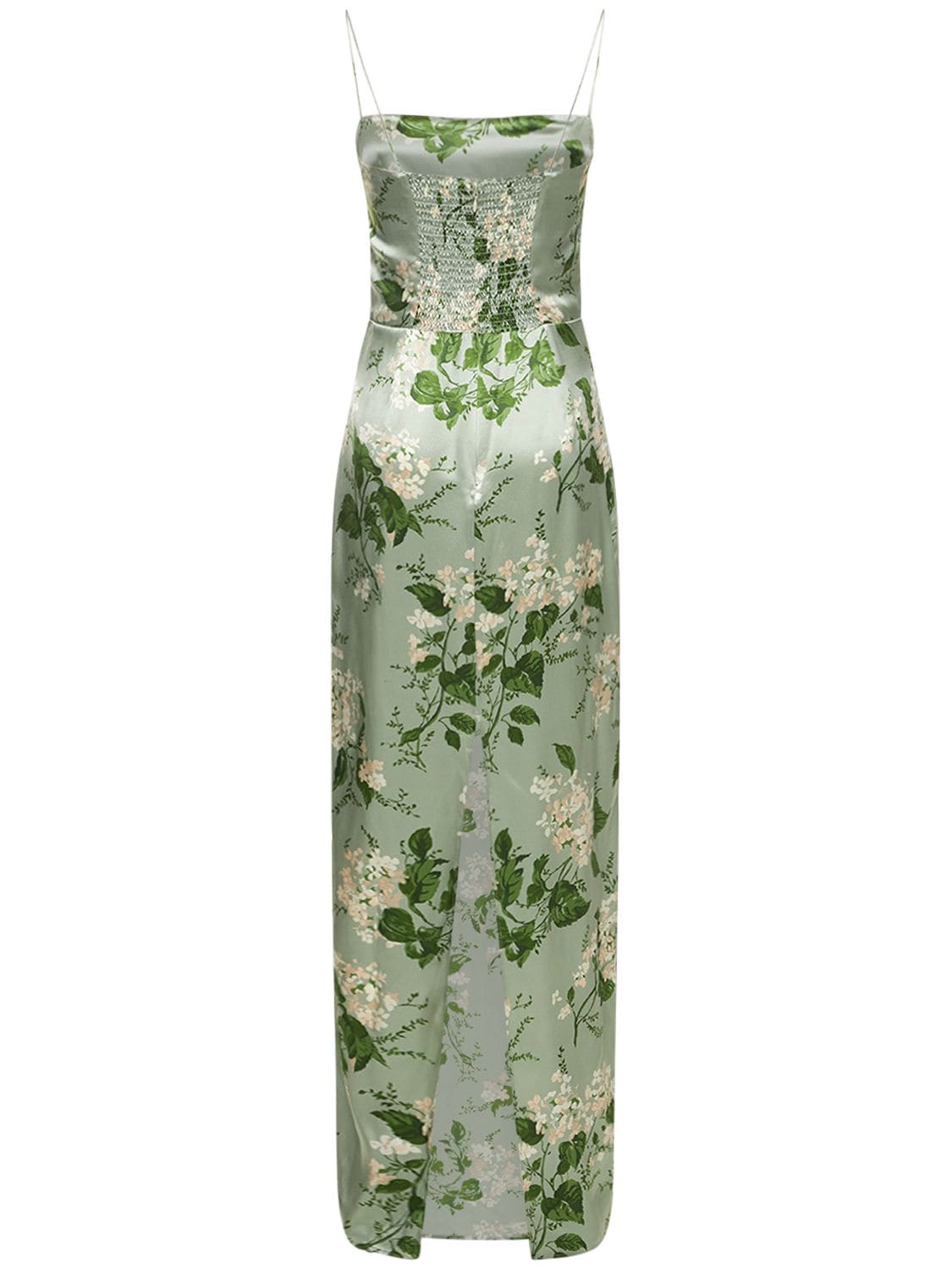 Shop Reformation Frankie Printed Silk Satin Long Dress In Green,multi