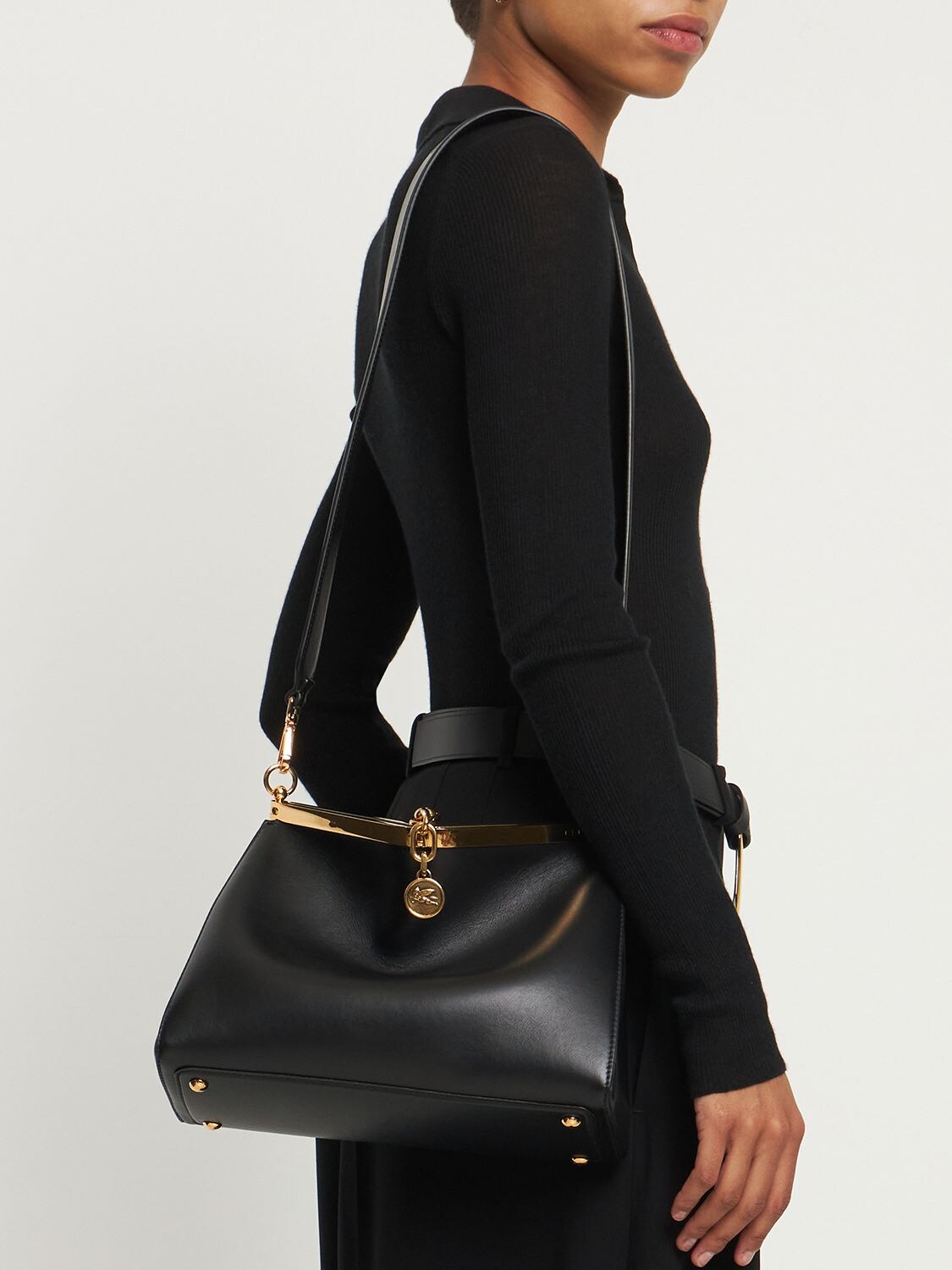 Vela Medium Leather Shoulder Bag in Black - Etro