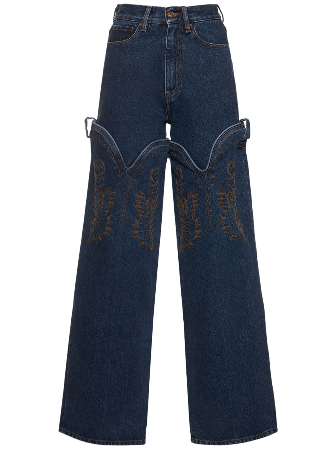 Y/PROJECT COWBOY EMBROIDERED STRAIGHT DENIM JEANS