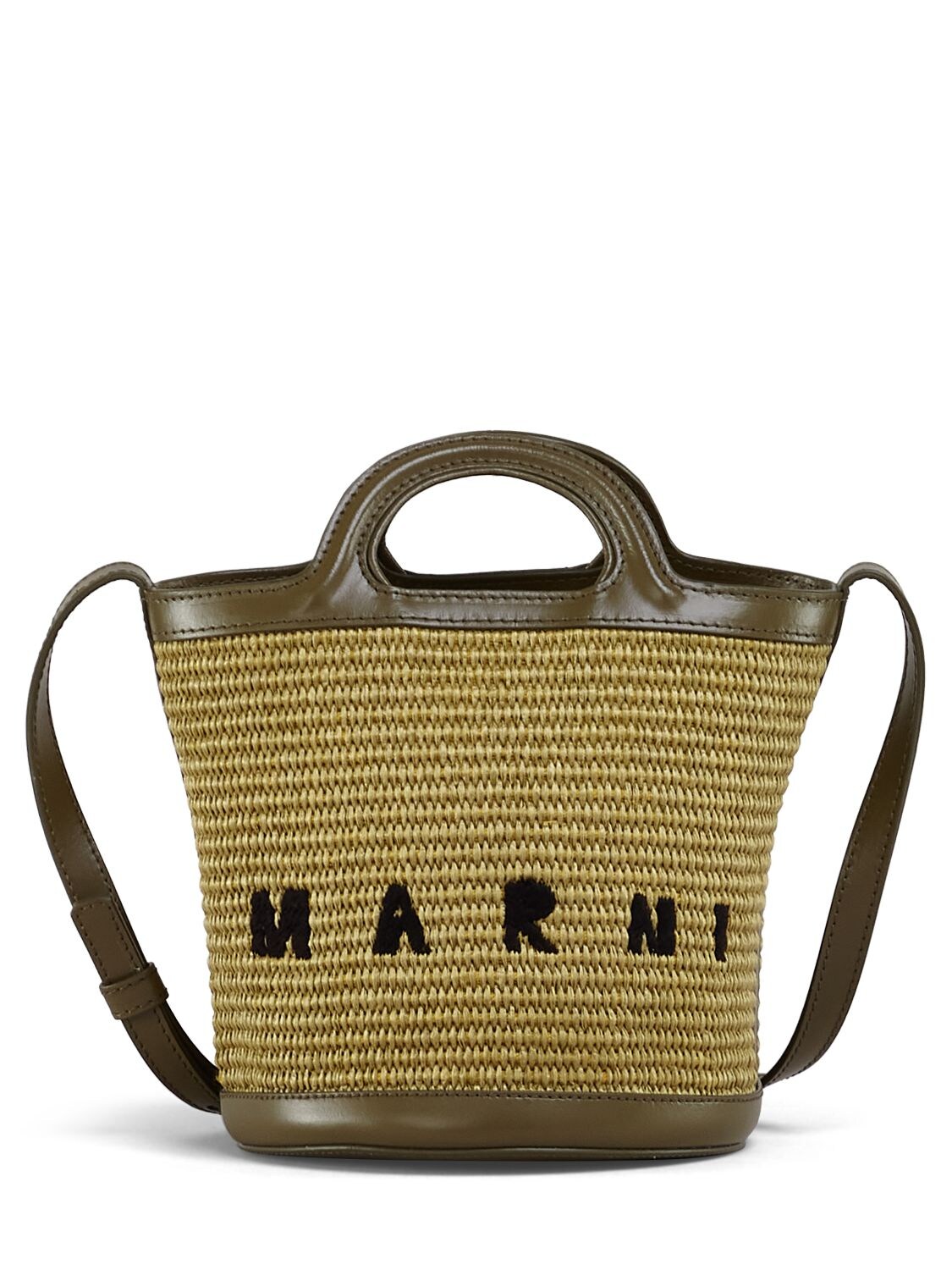 Marni Mini Raffia Effect & Leather Bucket Bag In Olive Green | ModeSens