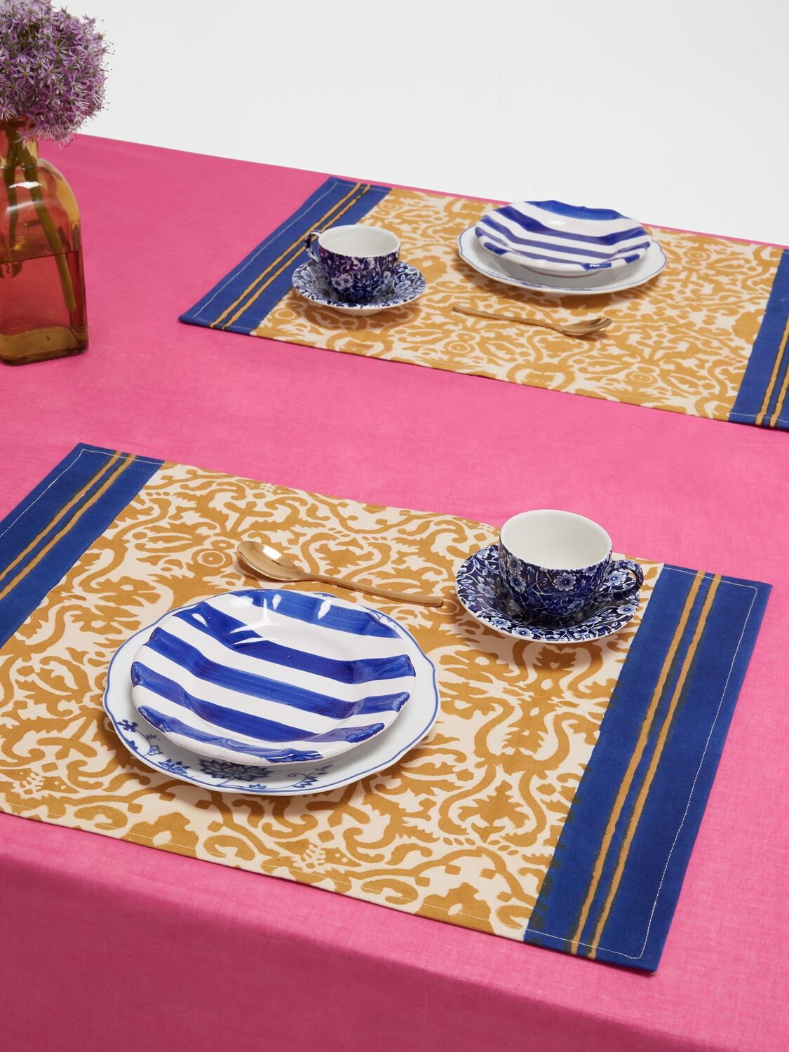 Shop Lisa Corti Set Of 2 Damask Chutney Cotton Placemats In Gold,multi