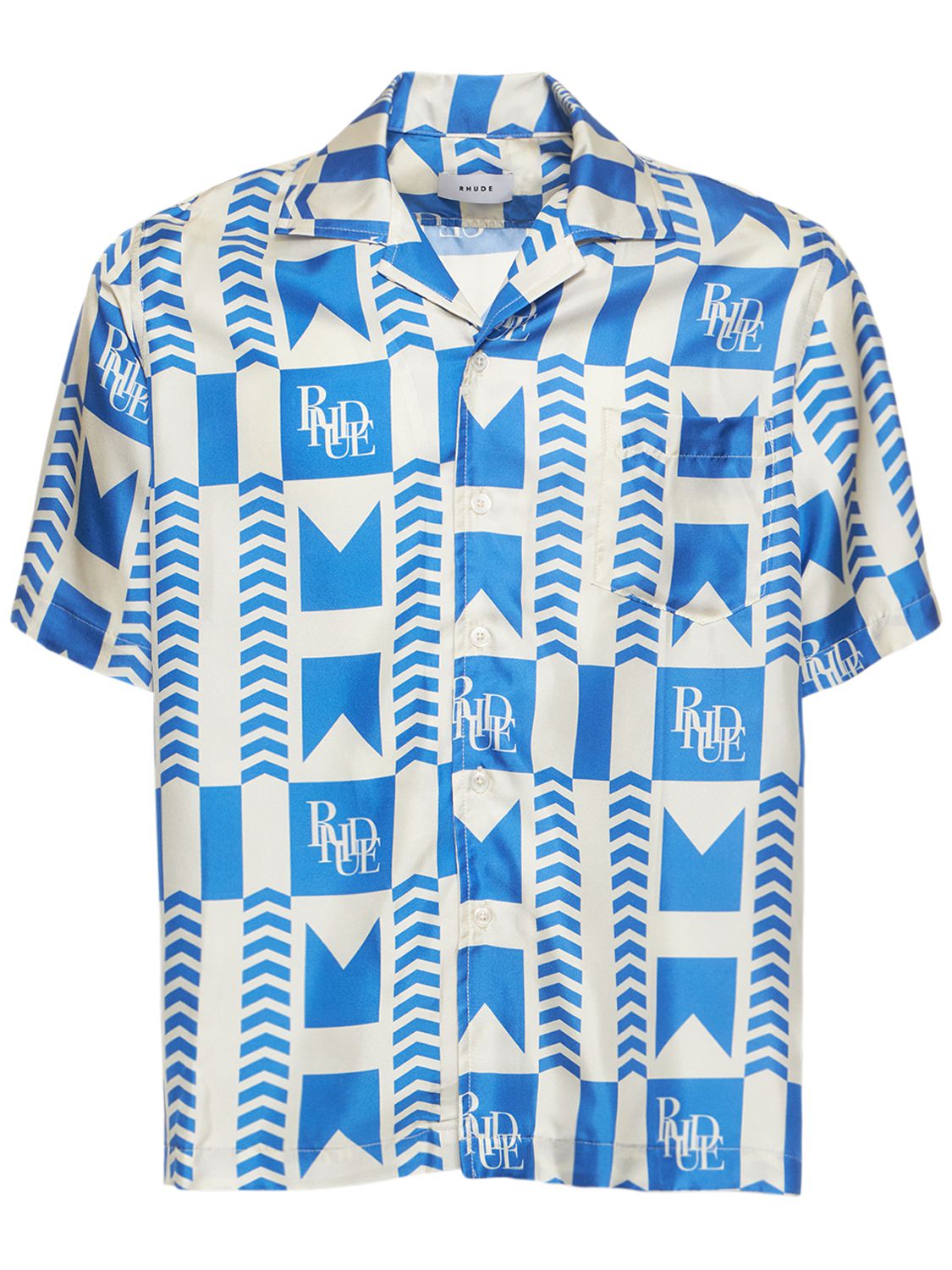 Rhude Allover Logo Printed Satin S/s Shirt In Blue