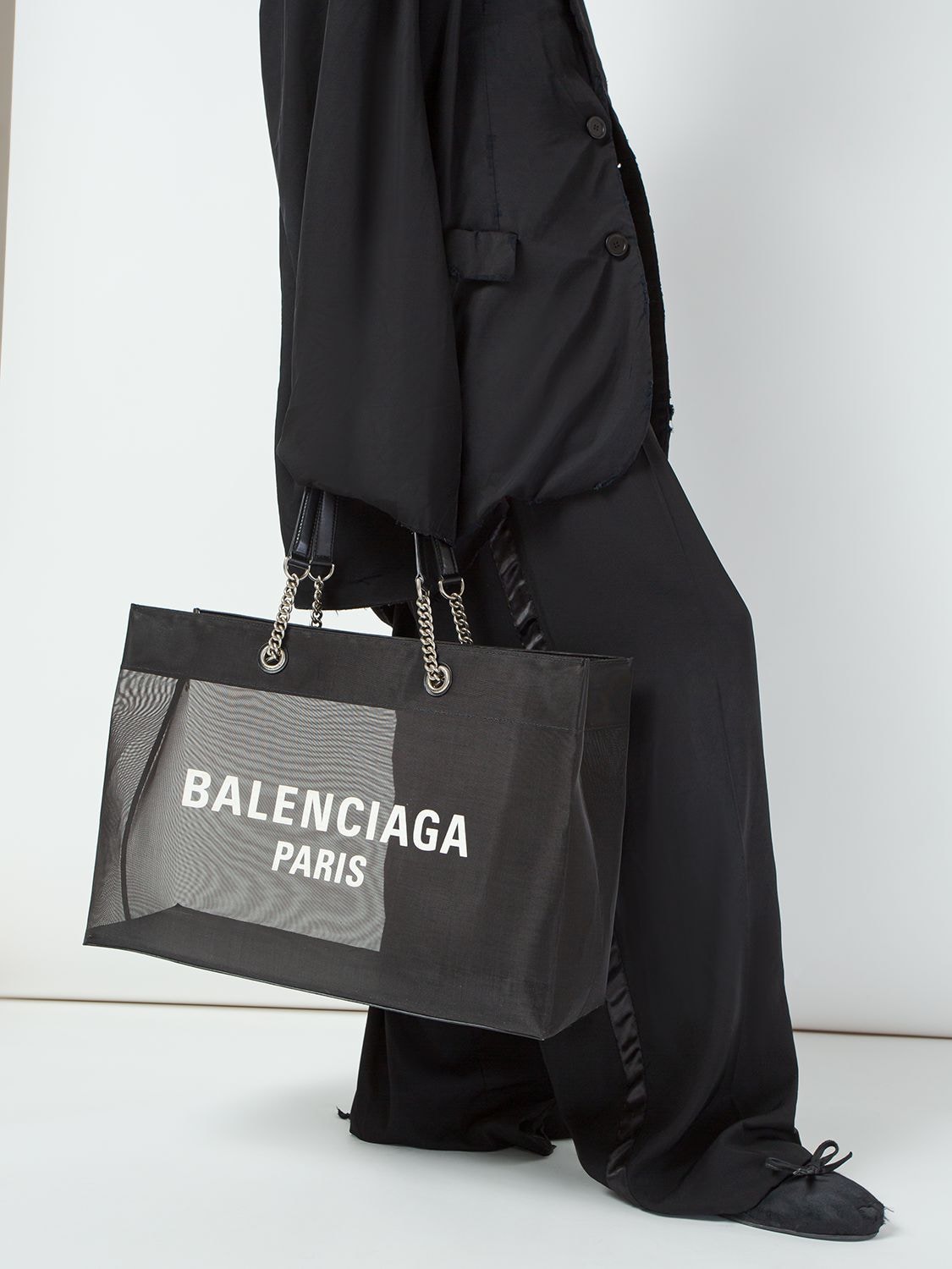 Shop Balenciaga Medium Duty Free Leather & Mesh Tote In Black