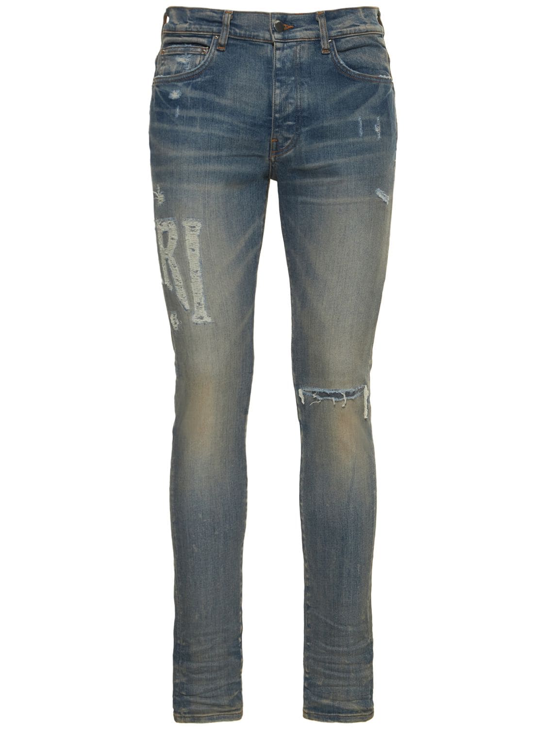 Shop Amiri Logo Distressed Jeans In Clay Indigo