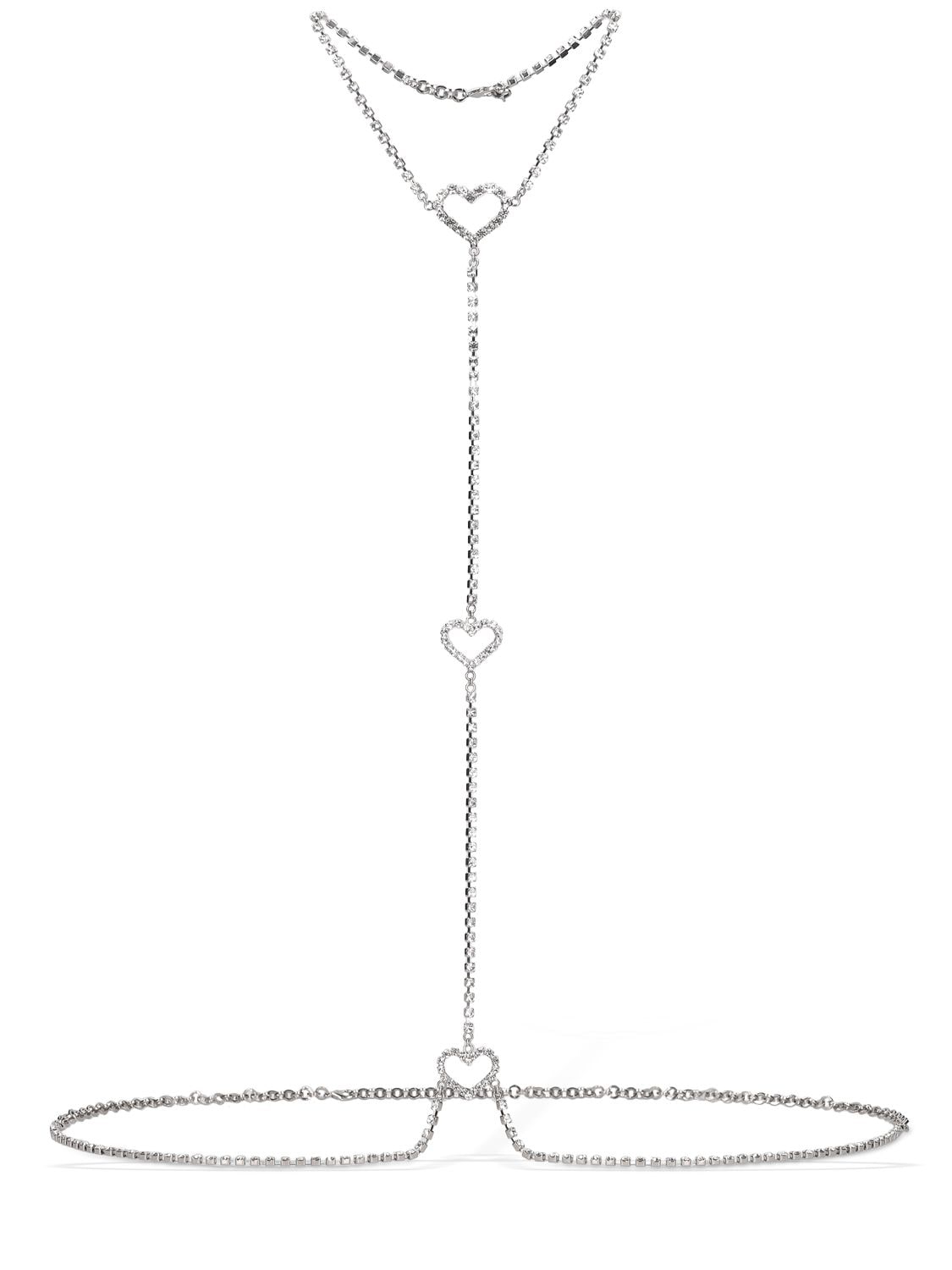 Alessandra Rich Crystal Body Chain W/ Heart Details In Silver