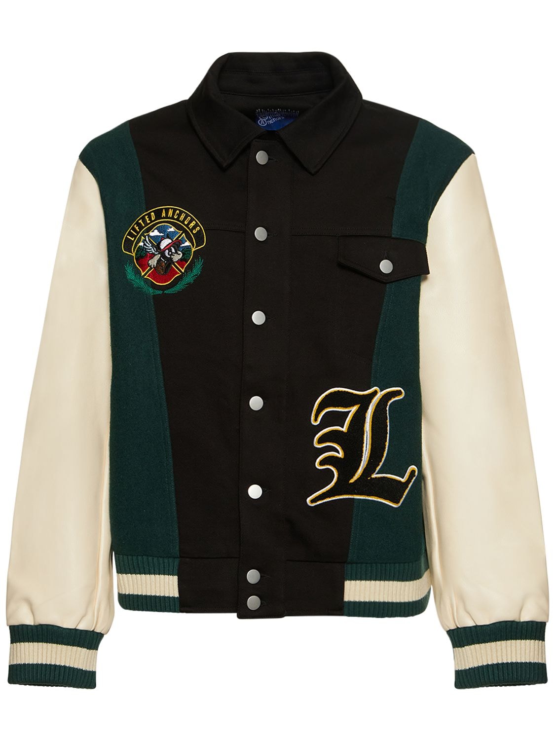 Lifted Anchors Claridge Letterman Varsity Jacket In Black,green