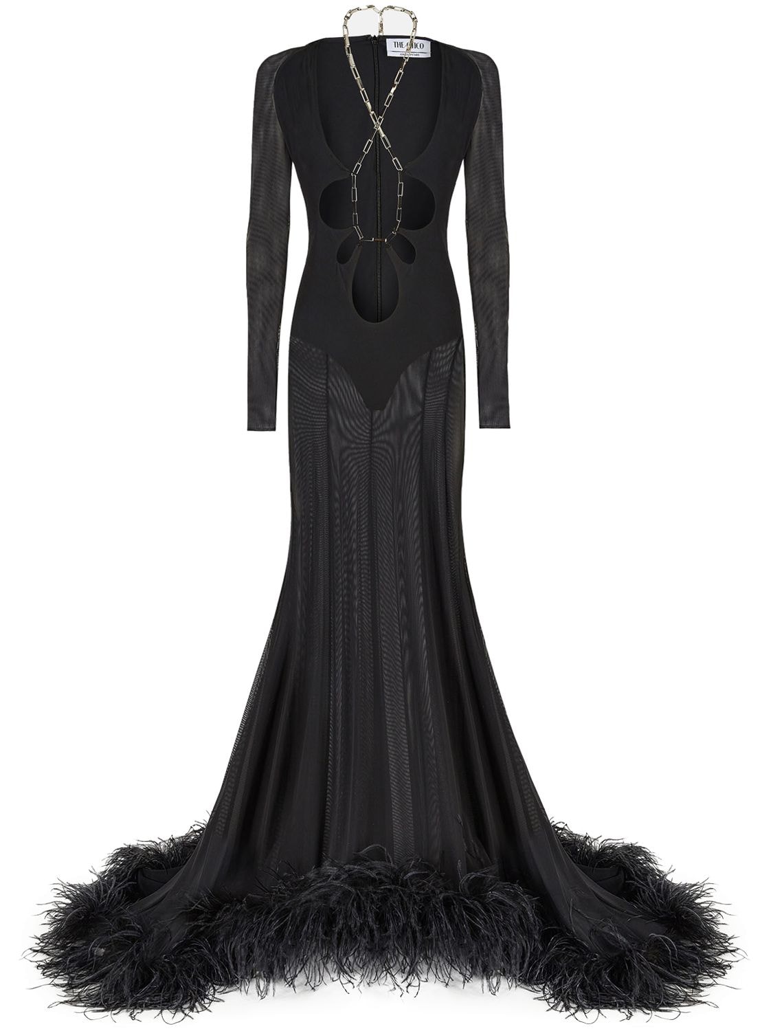 Image of Karen Sheer Cutout Gown W/ Feathers