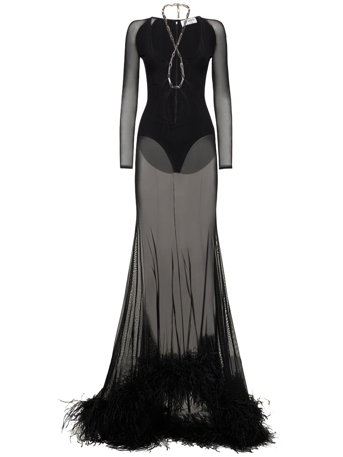 Karen Sheer Cutout Gown W/ Feathers – WOMEN > CLOTHING > DRESSES