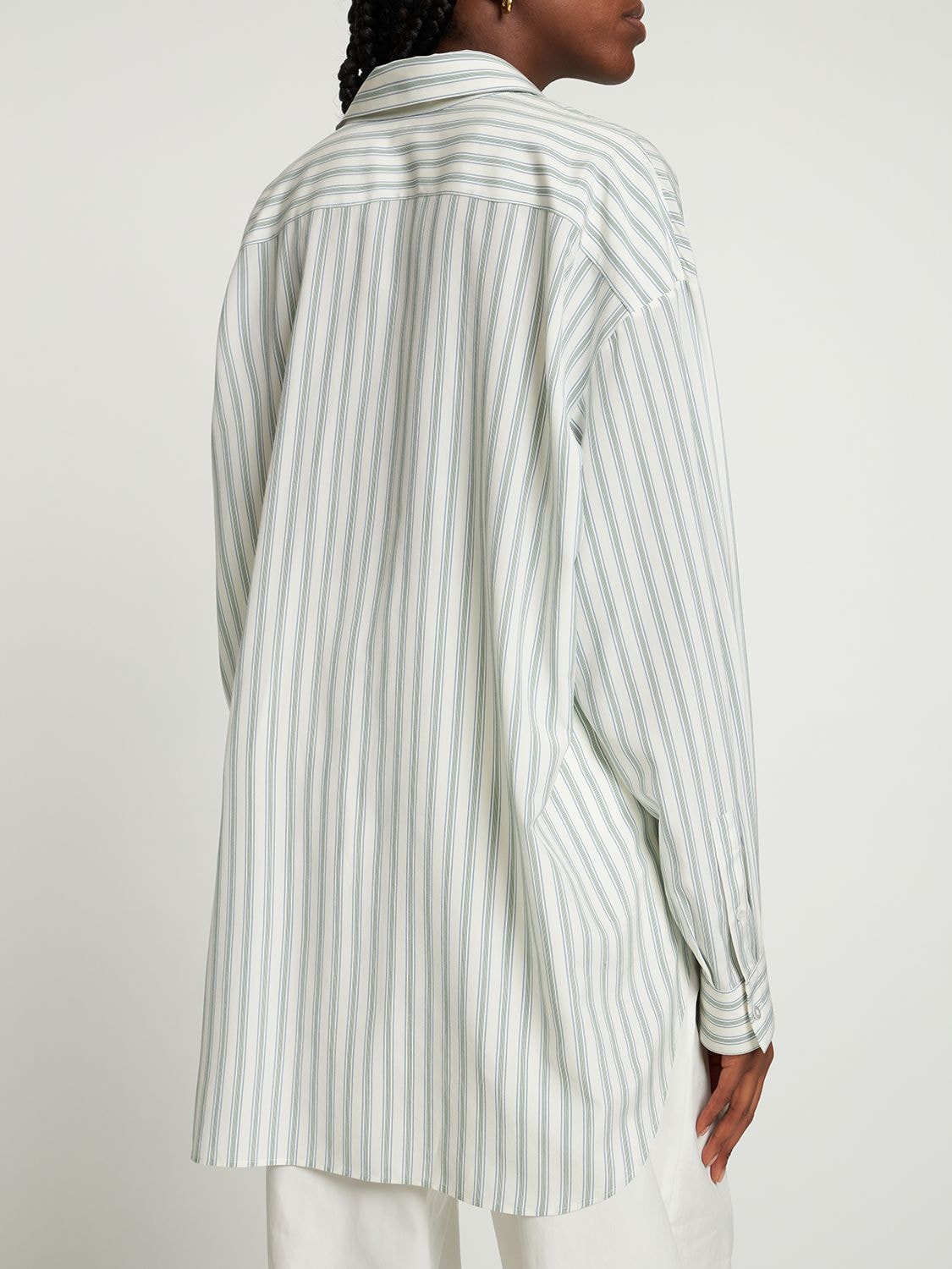 Shop The Row Sisca Striped Long Silk Shirt In Ivory,green