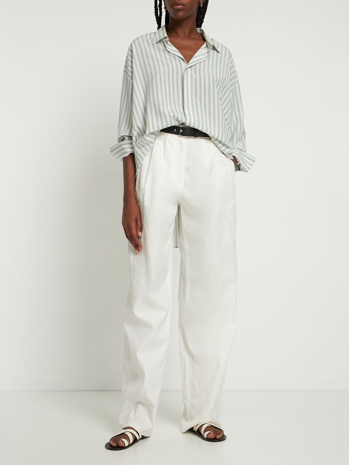 Shop The Row Sisca Striped Long Silk Shirt In Ivory,green