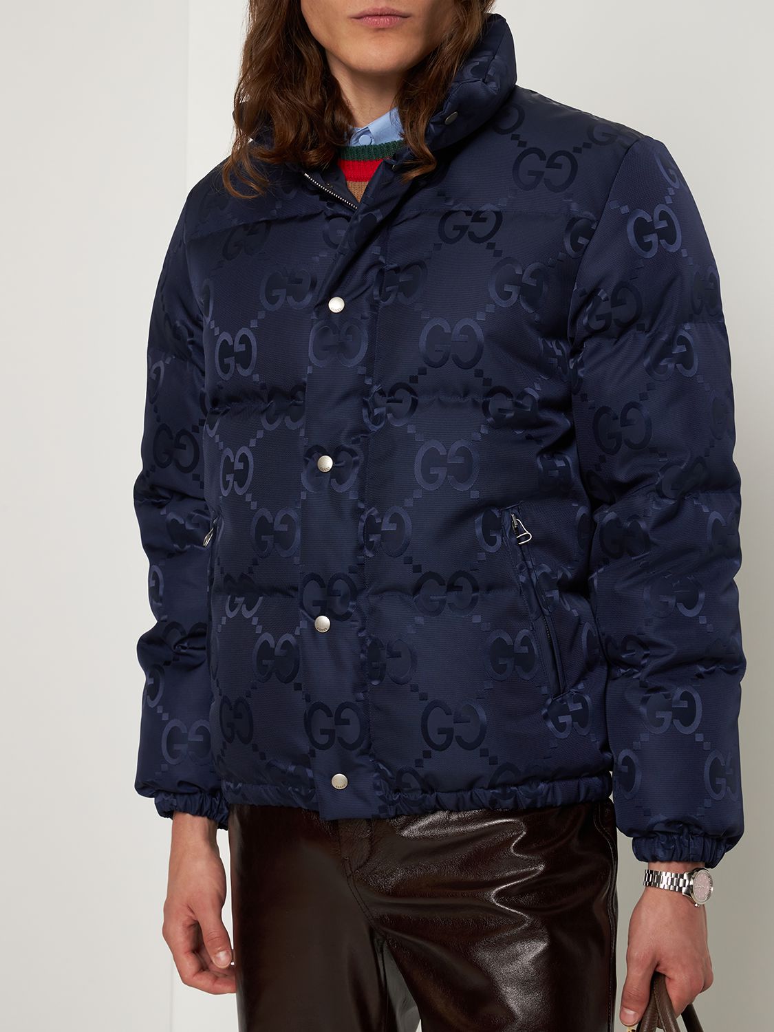 Shop Gucci Jumbo Gg Canvas Down Jacket In Blue