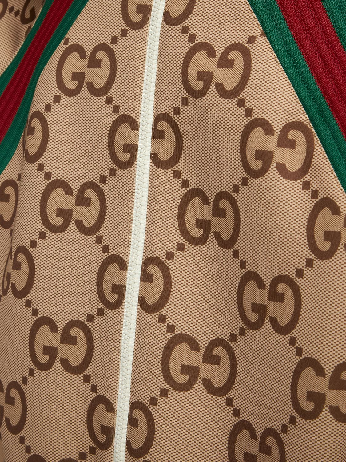 Shop Gucci Gg Printed Tech Zip-up Hoodie In Camel,brown