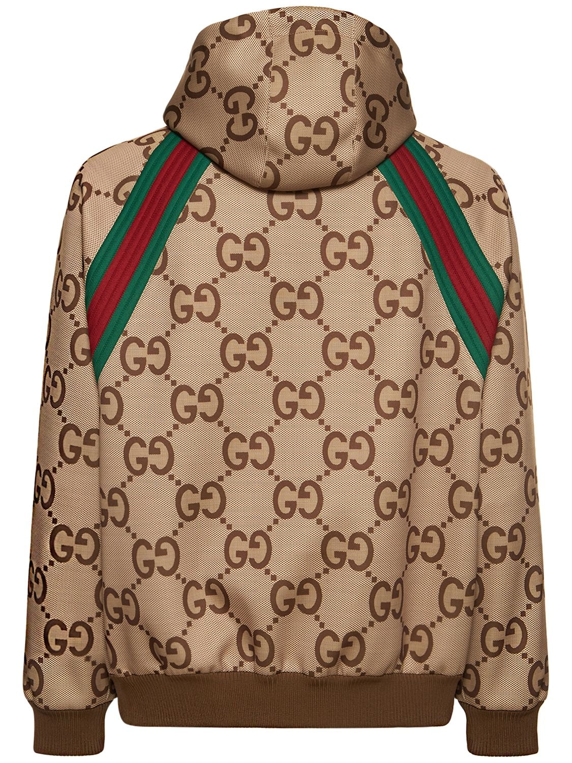 Shop Gucci Gg Printed Tech Zip-up Hoodie In Camel,brown
