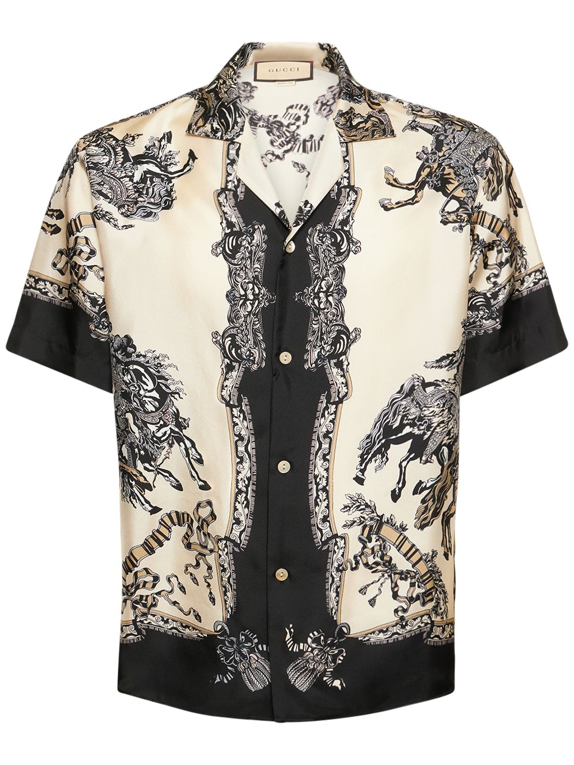 Gucci Silk Bowling Shirt With Jousting Print In Neutrals, ModeSens