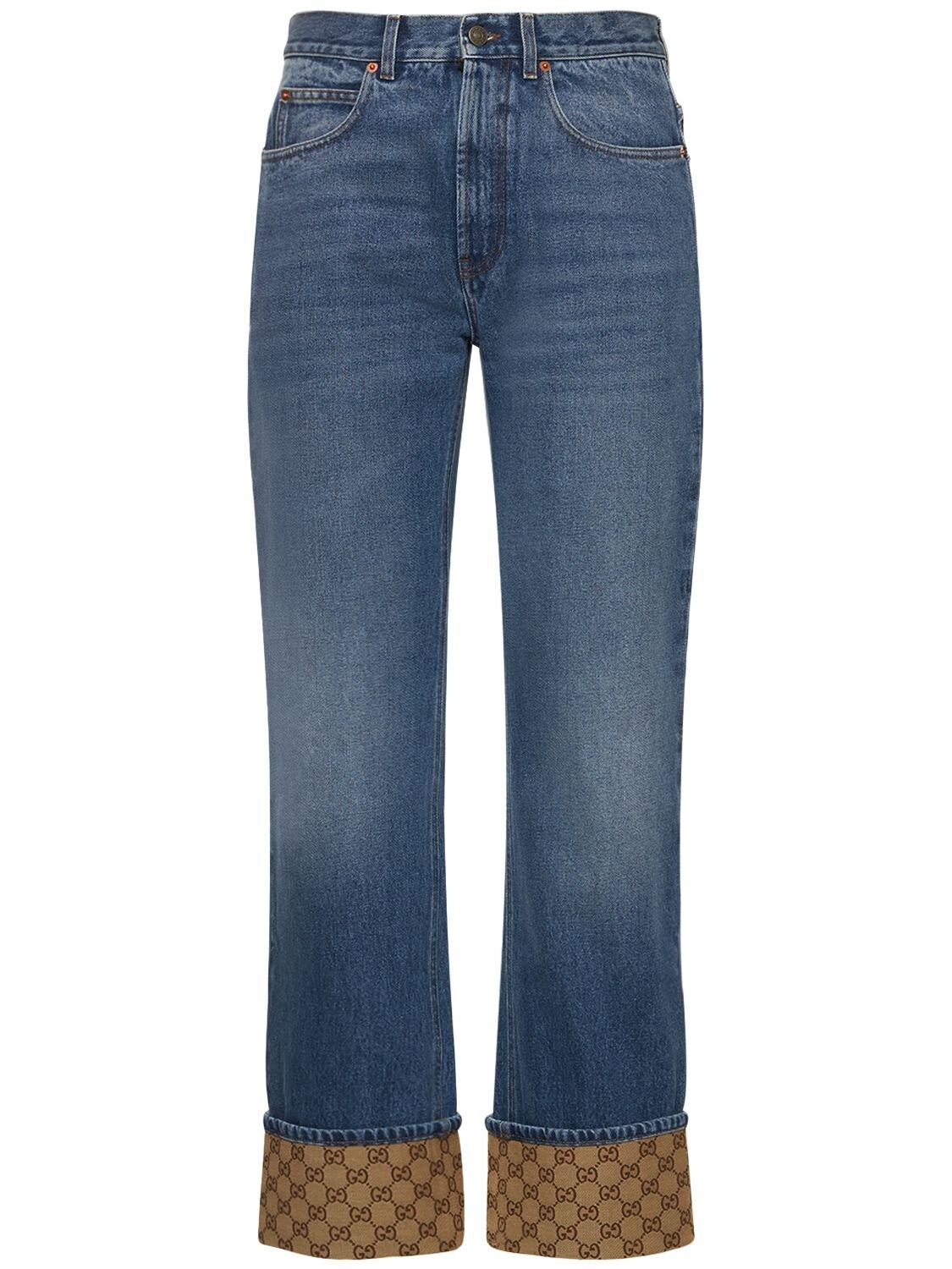 GUCCI Jeans Men, Denim trousers with GG cuff Blue