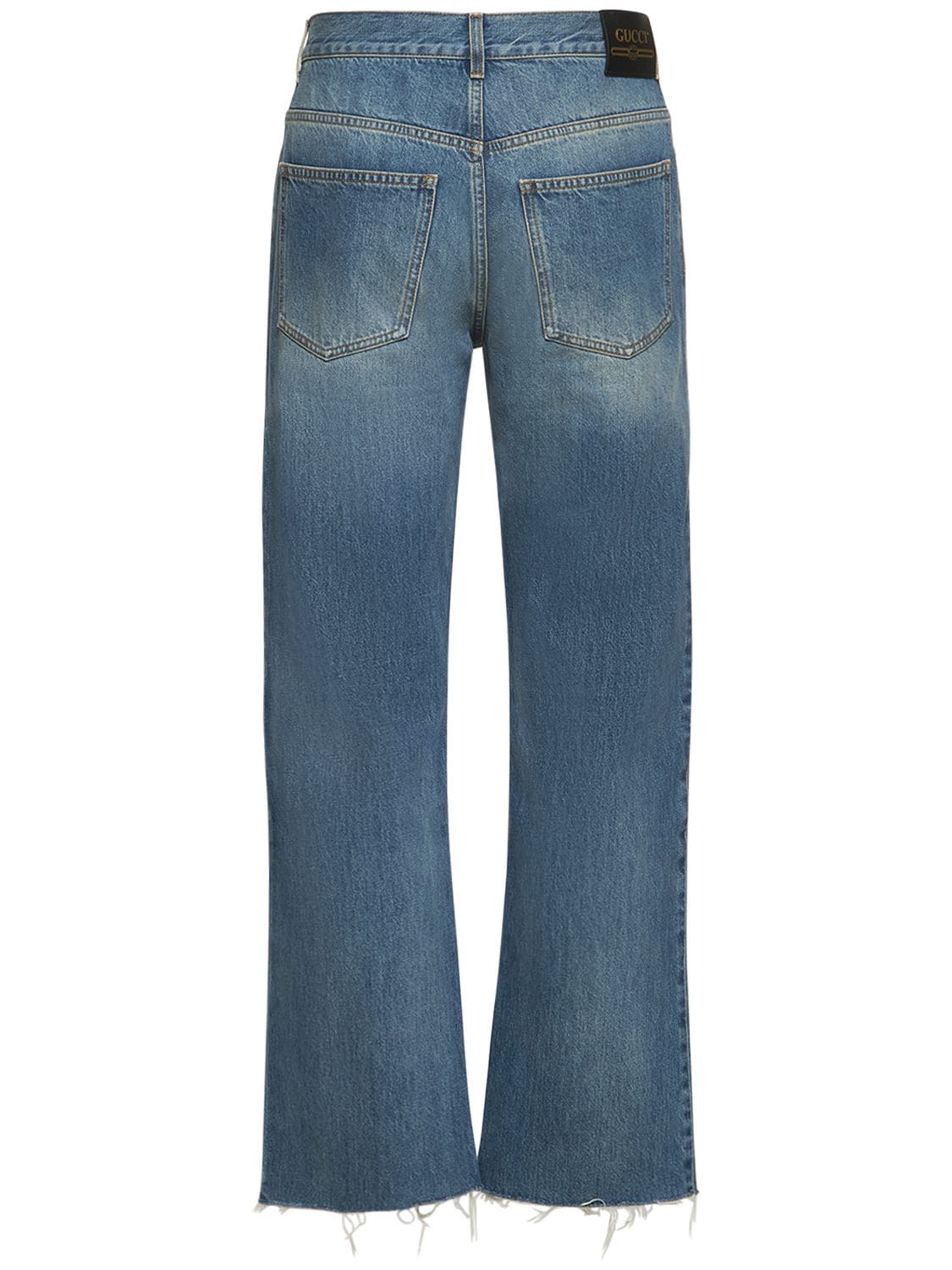 Shop Gucci Cotton Denim Jeans W/ Raw Cut Hem In Light Blue