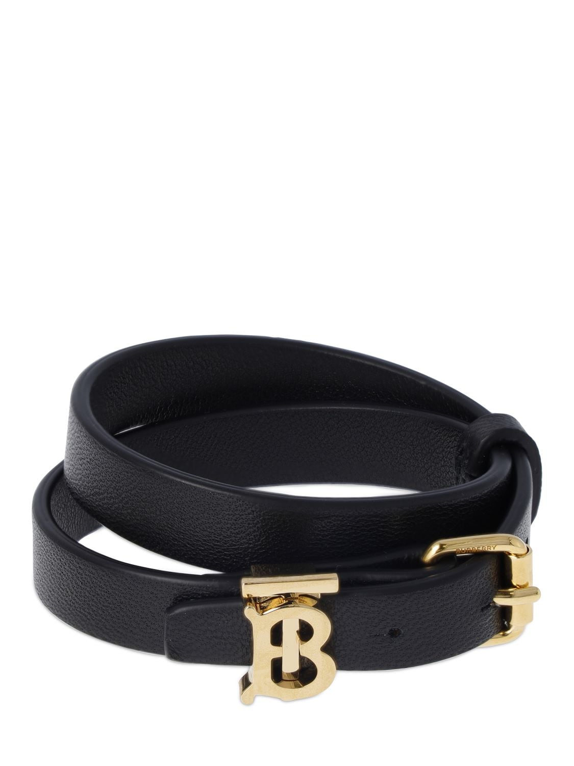 Burberry Tb Double Wrap Leather Bracelet In Black/light Gold