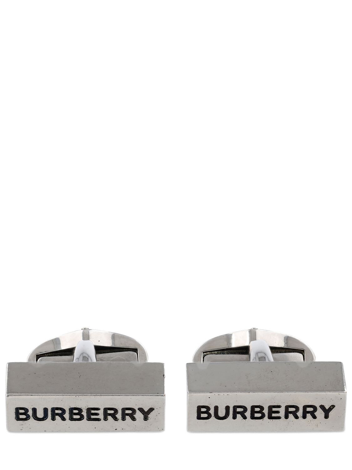 Shop Burberry Engraved  Logo Cufflinks In Silver,black