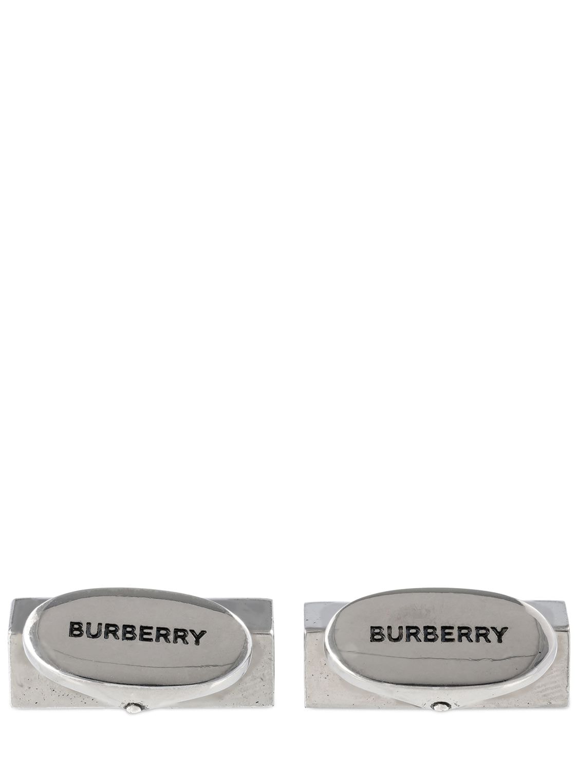 Shop Burberry Engraved  Logo Cufflinks In Silver,black