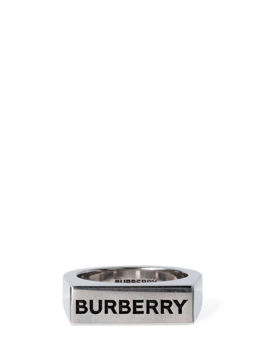Burberry Engraved  Logo Signet Ring In Silver,black