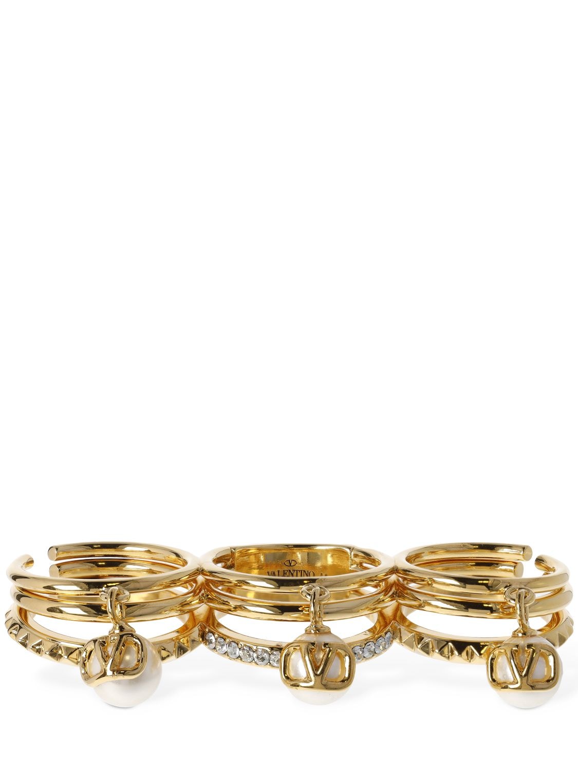 Shop Valentino V Logo & Rockstud Triple Ring In Gold,white