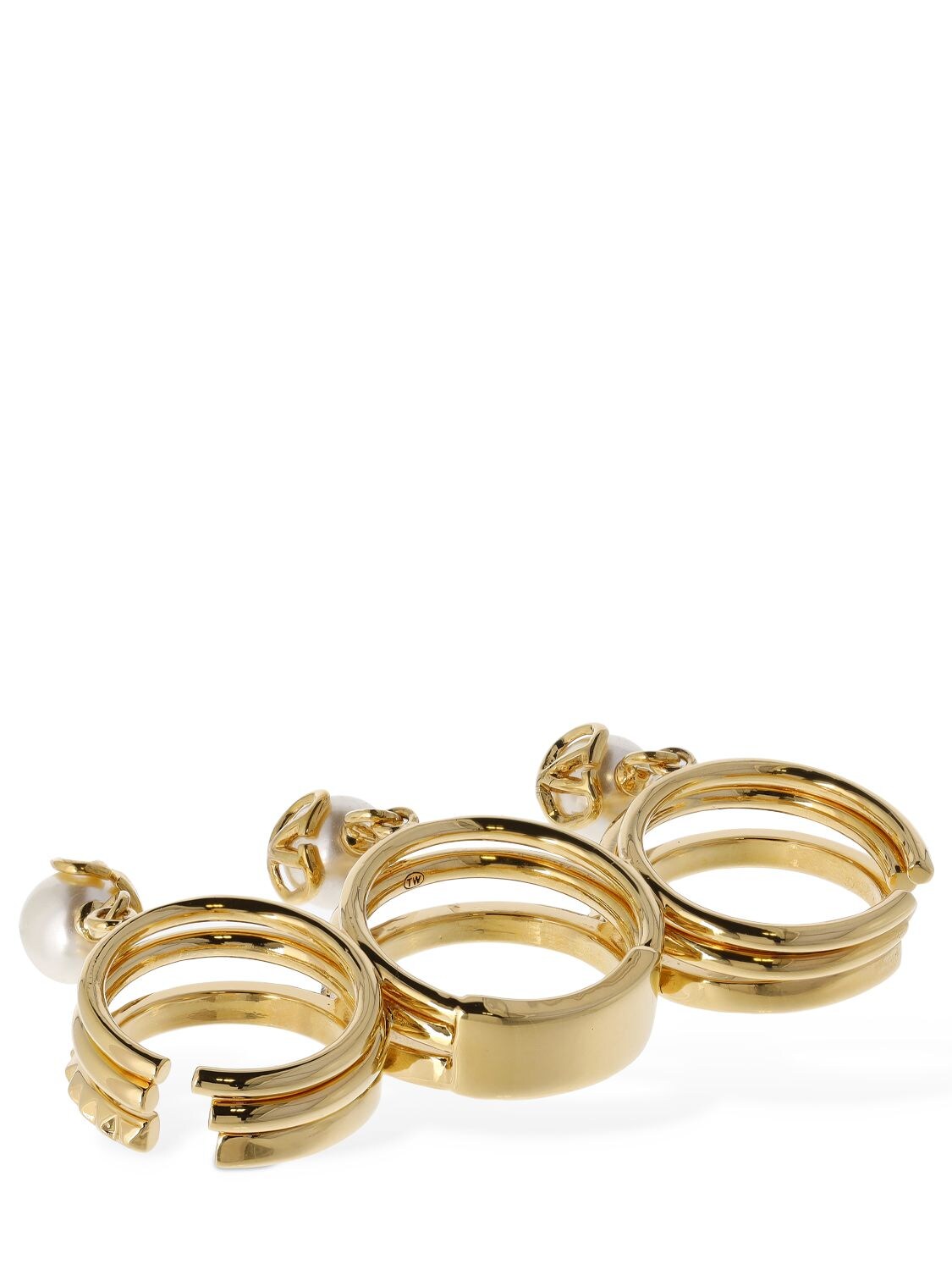 Shop Valentino V Logo & Rockstud Triple Ring In Gold,white