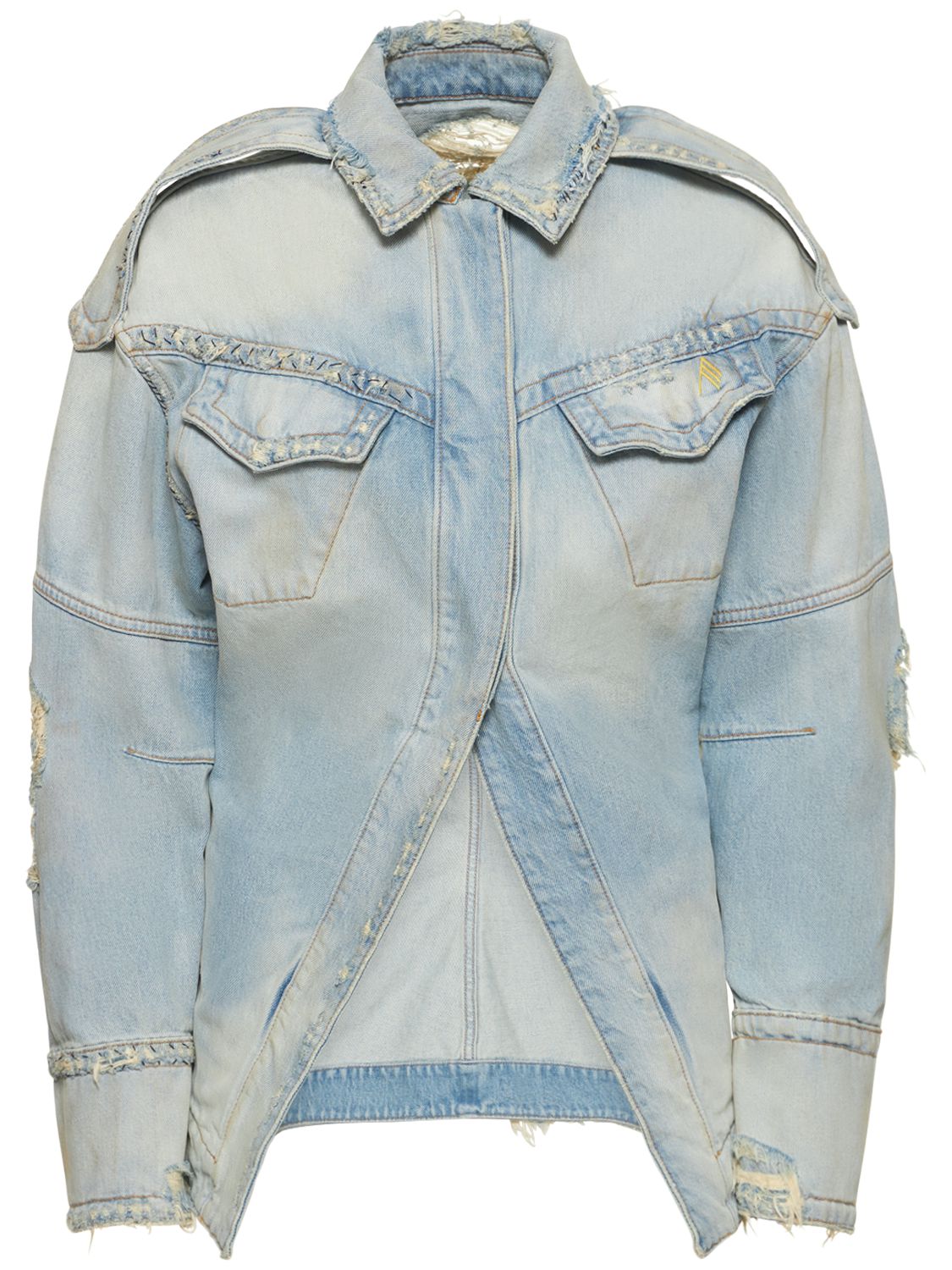 Attico Ripped Cotton Denim Jacket W/ Pockets In Denim