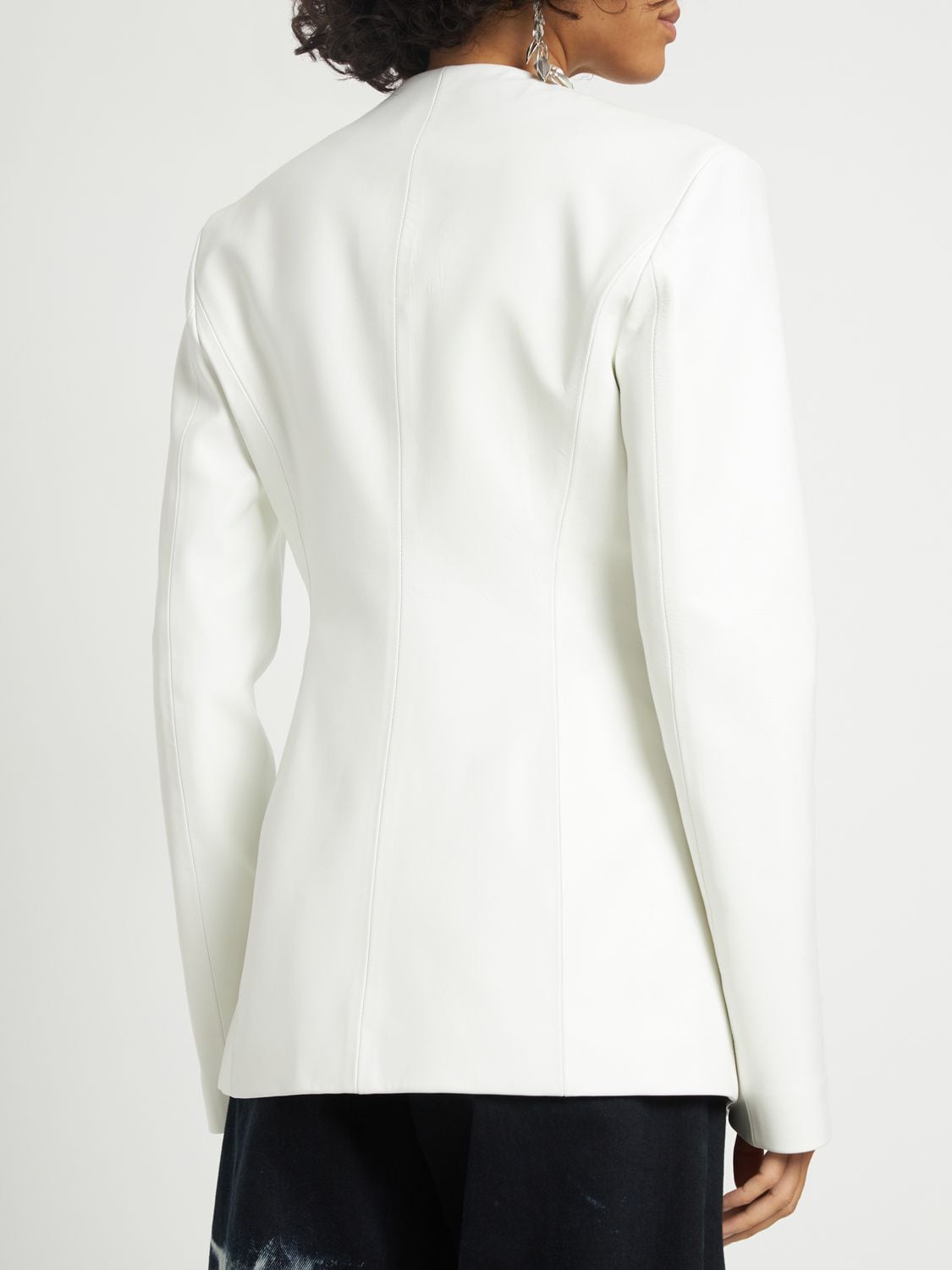 Shop Attico Leather Collarless Blazer In White