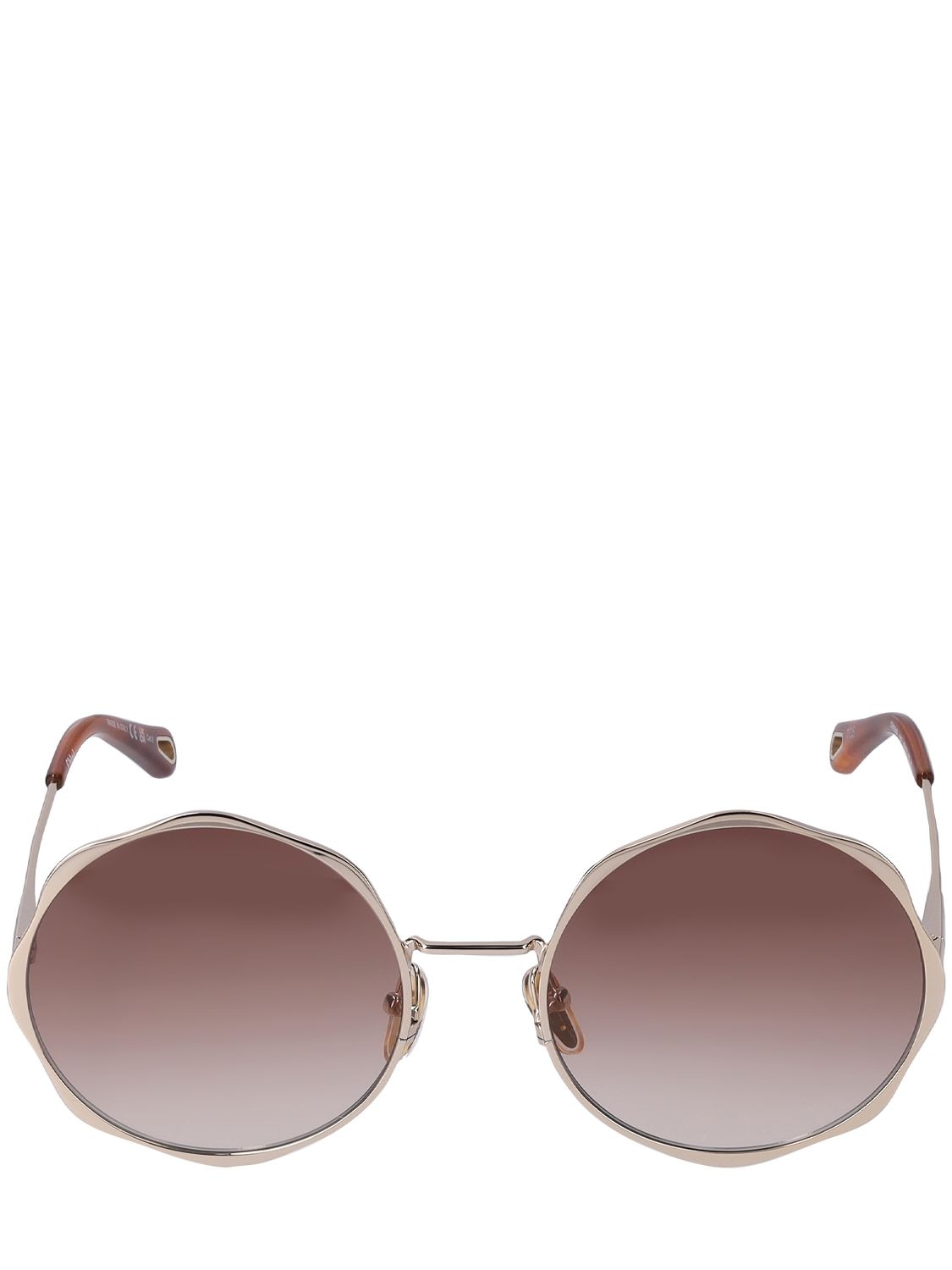Chloé Scallop Line Round Metal Sunglasses In Gold,brown