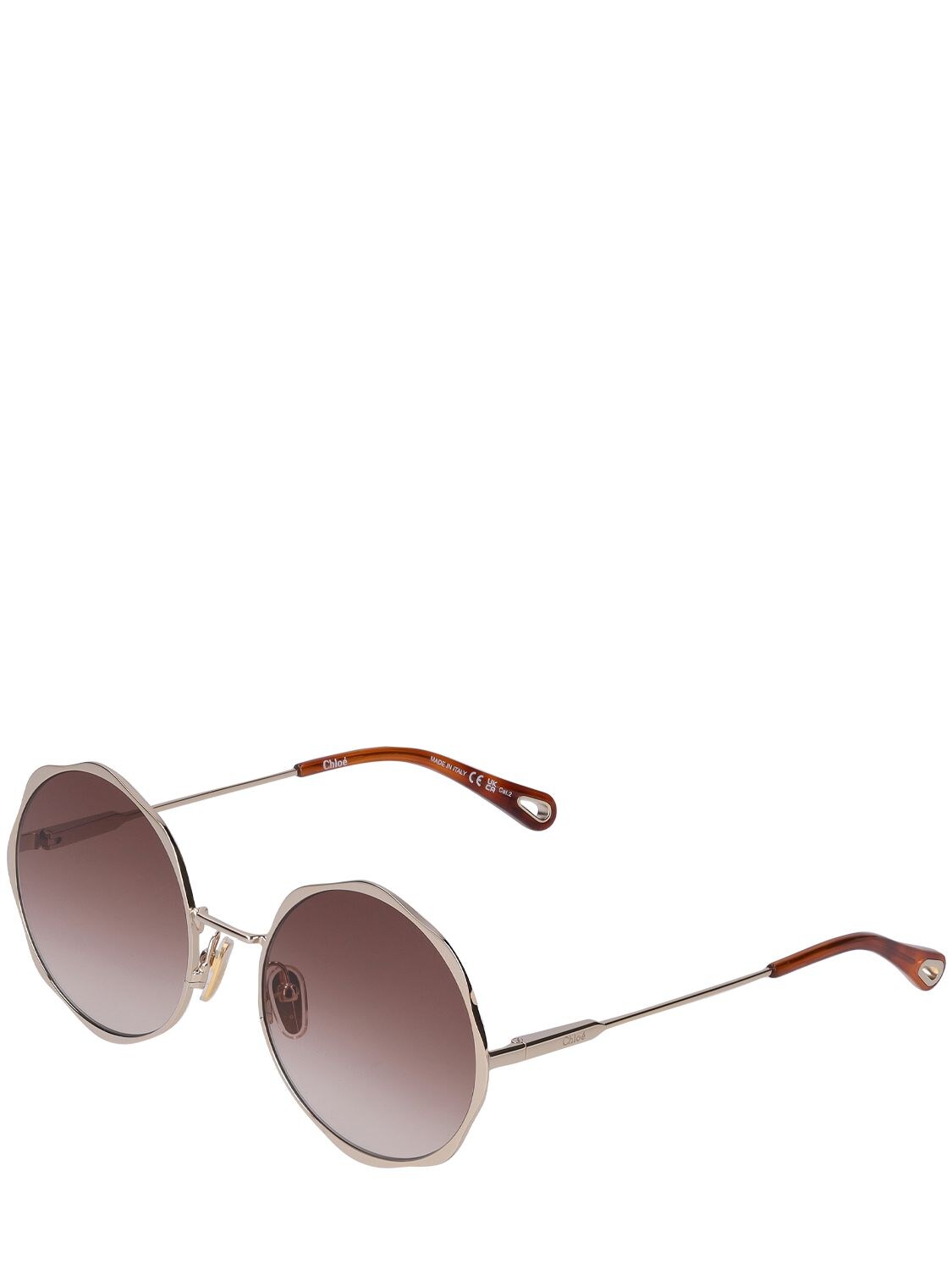Shop Chloé Scallop Line Round Metal Sunglasses In Gold,brown