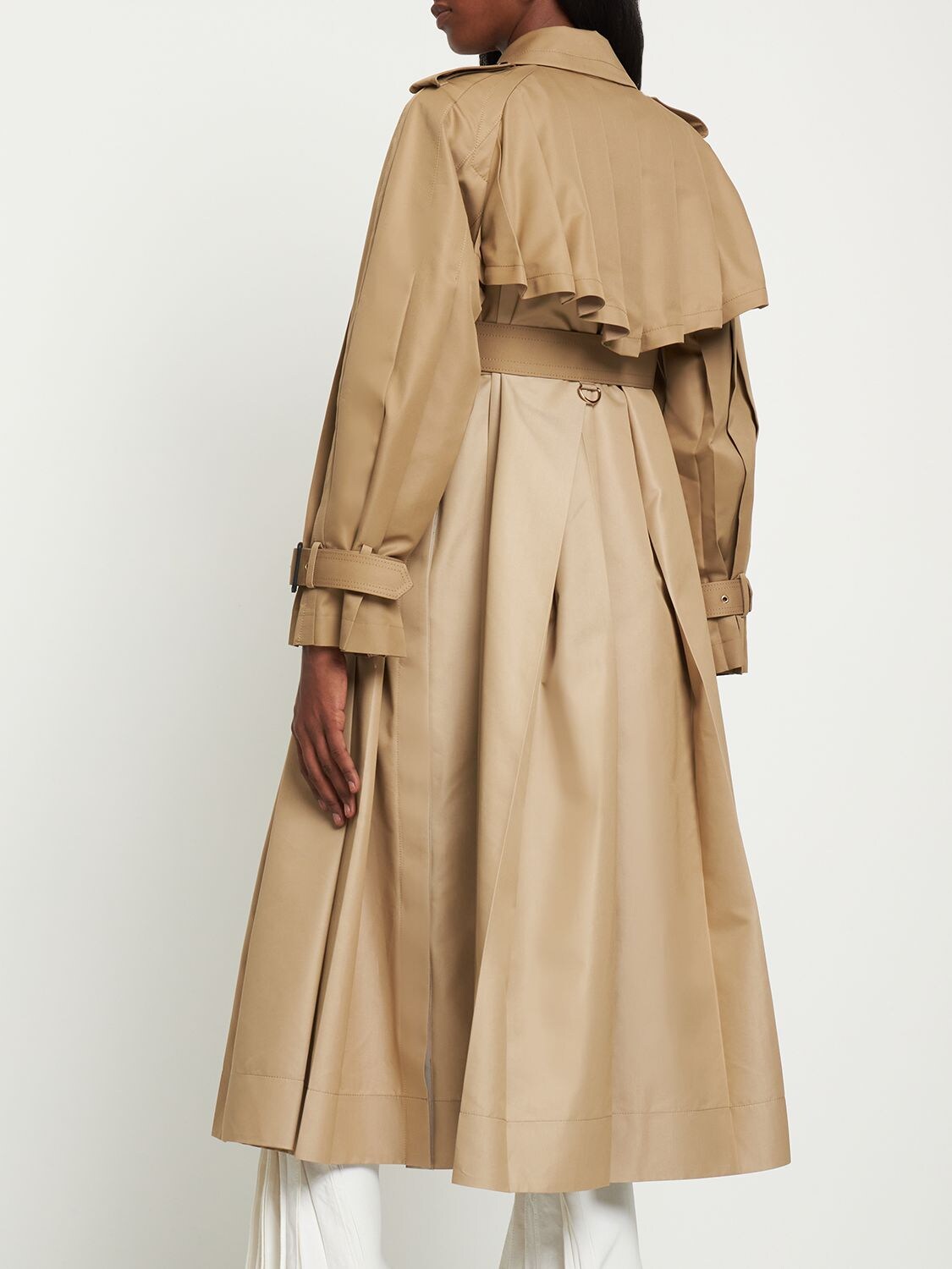 Pleated Trench Coat Beige Cotton Gabardine