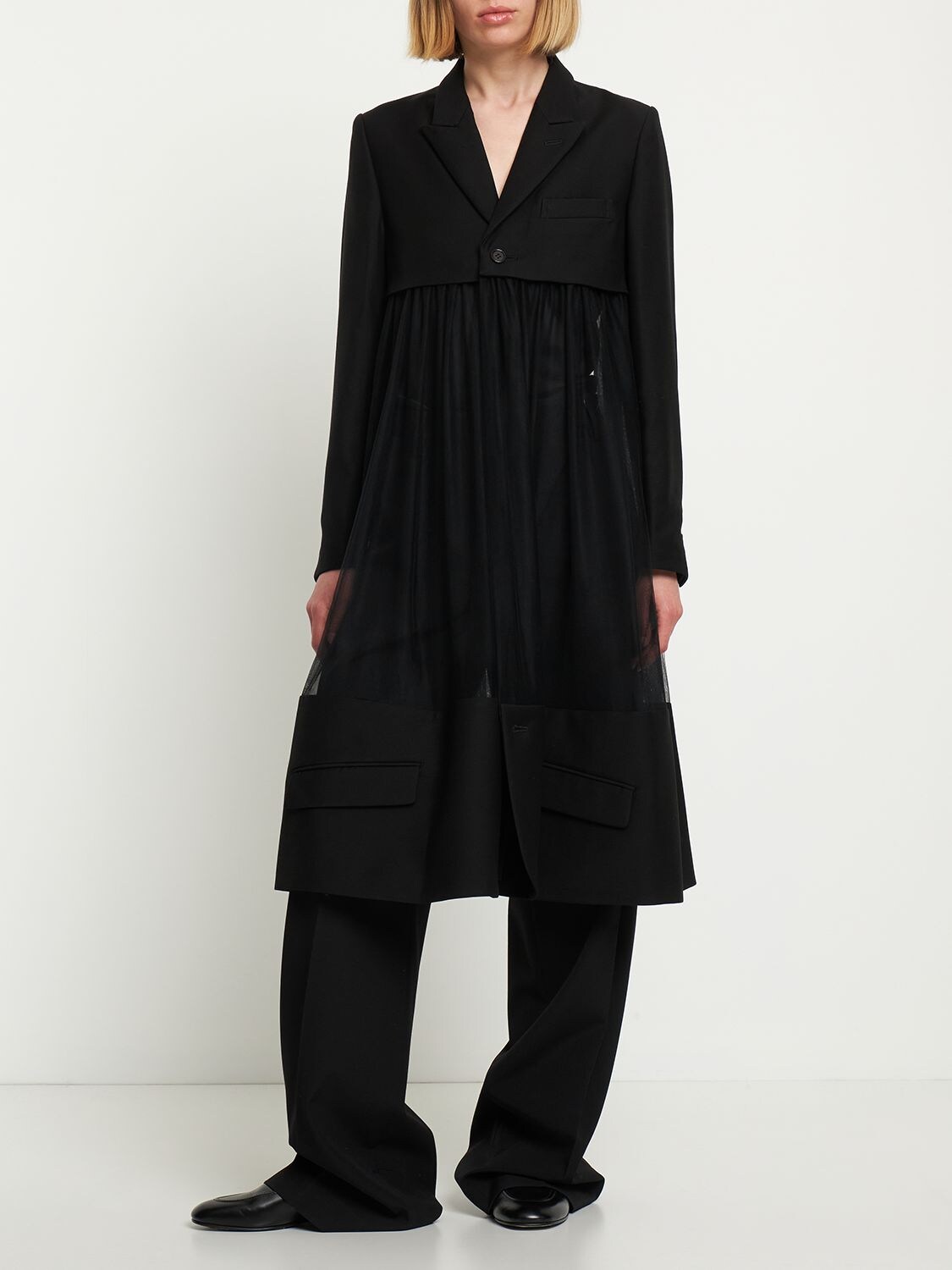 NOIR KEI NINOMIYA WOOL TWILL & SHEER TULLE OVERCOAT 