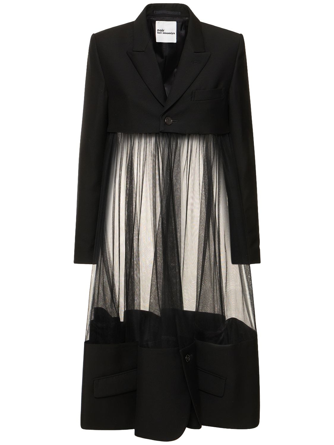 Noir Kei Ninomiya Wool Twill & Sheer Tulle Overcoat In Black