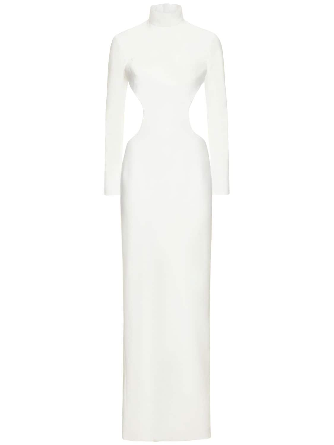 Monot Crepe Turtleneck Open Back Long Dress In White