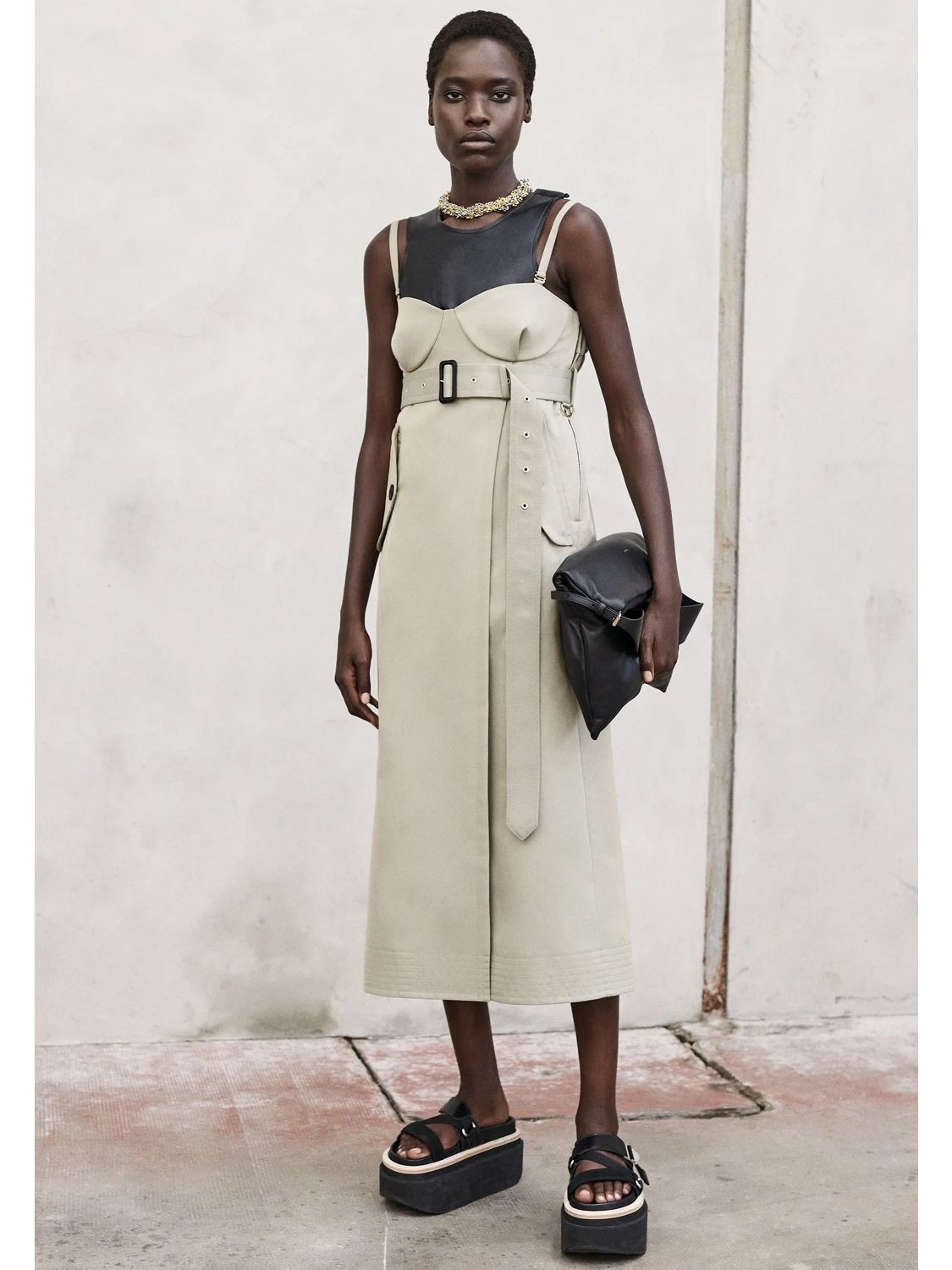 Sacai Belted Bustier Seam Gabardine Midi Dress In Beige | ModeSens