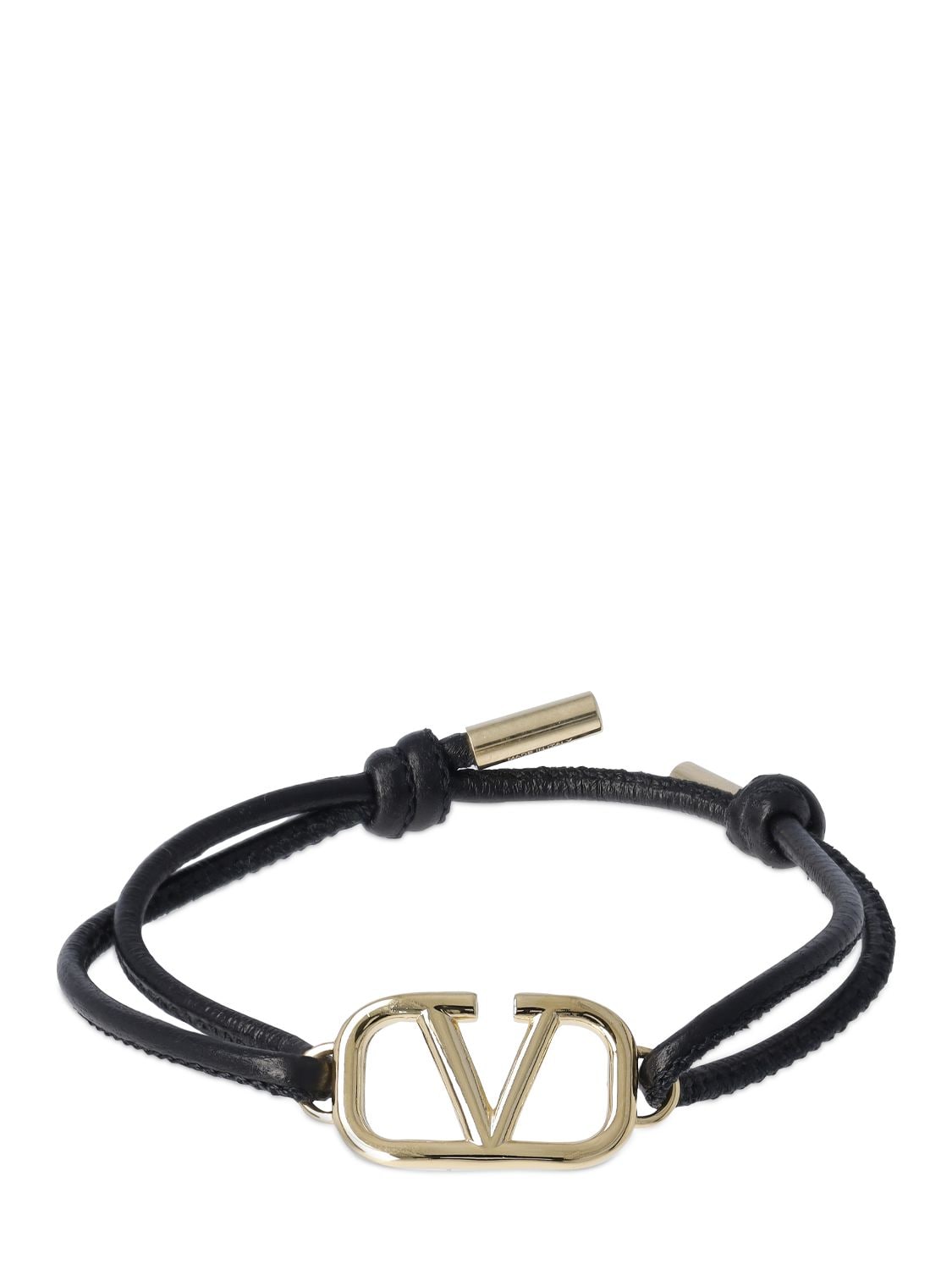 Valentino Garavani V Logo Leather Sliding Bracelet In Black