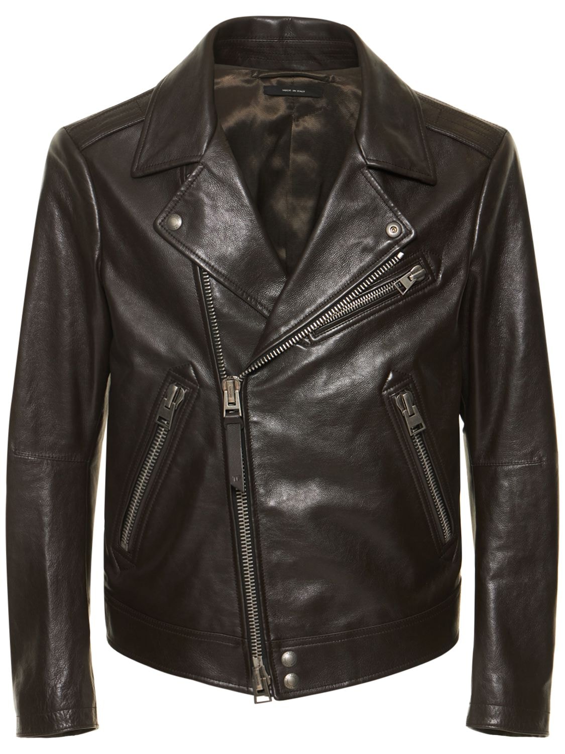 Tom Ford Smooth Grain Asymmetric Biker Jacket In Dark Brown | ModeSens
