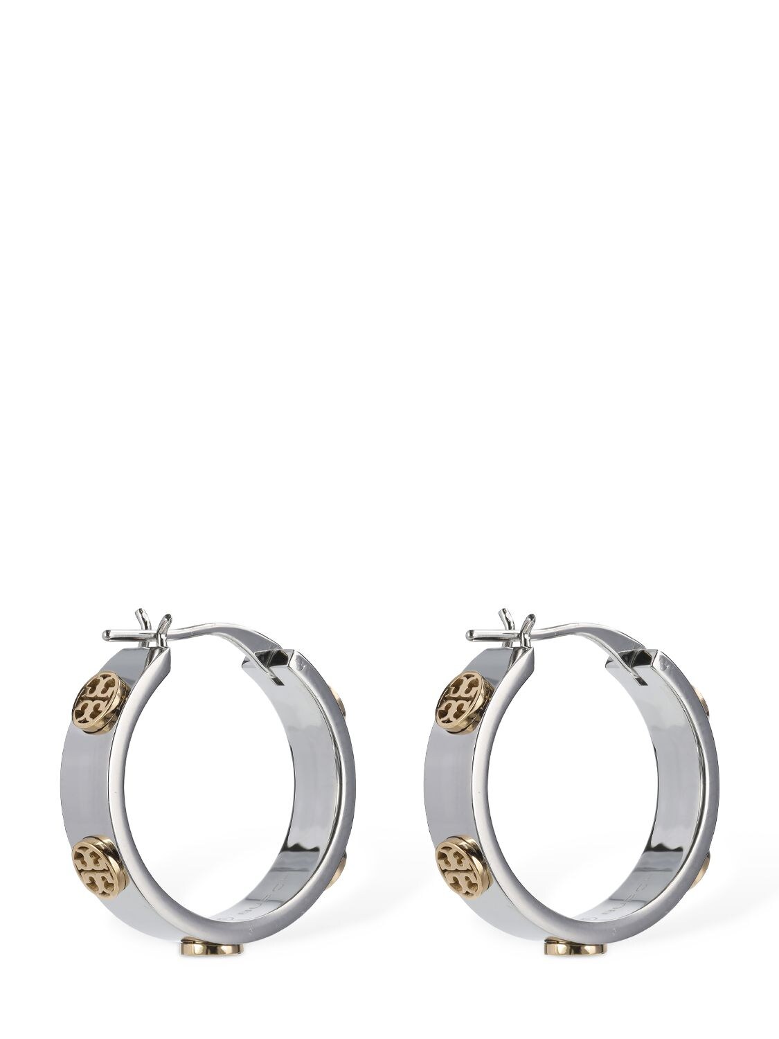 Shop Tory Burch Miller Stud Bicolor Hoop Earrings In Silver,gold